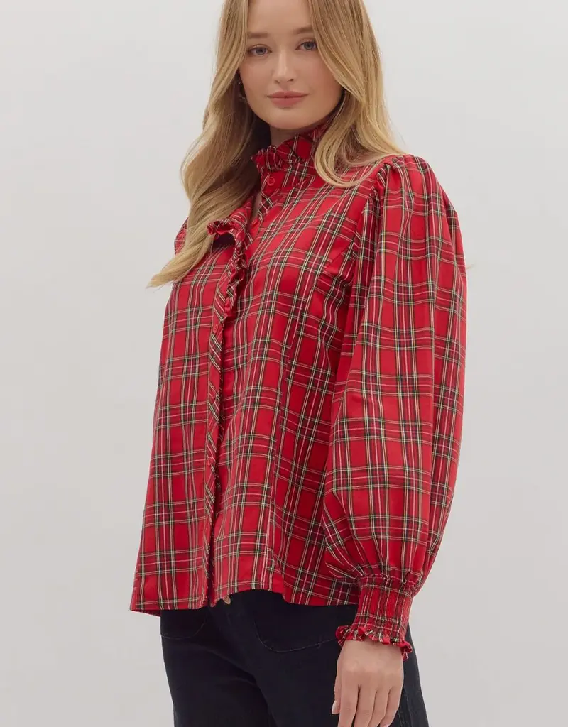 Christmas Plaid Ruffled Collar Button Up