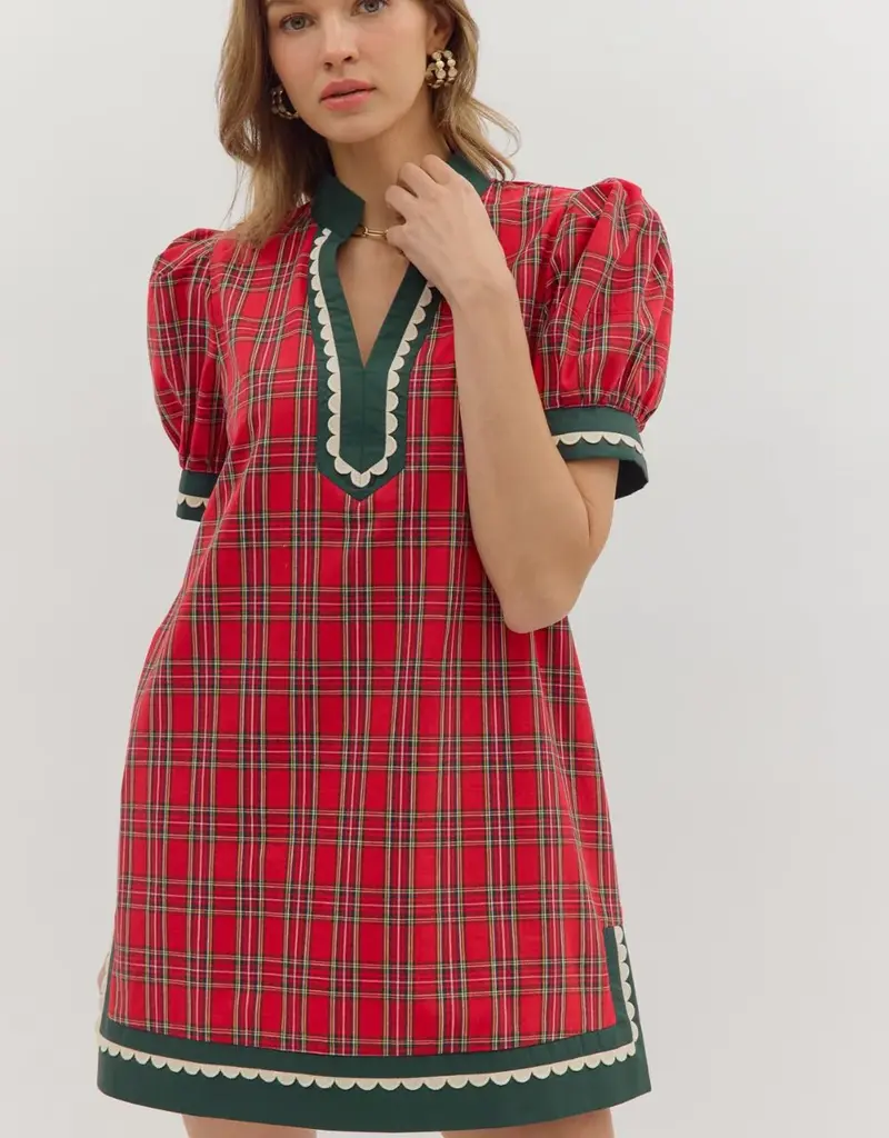 Christmas Plaid Scallop Detailing Dress