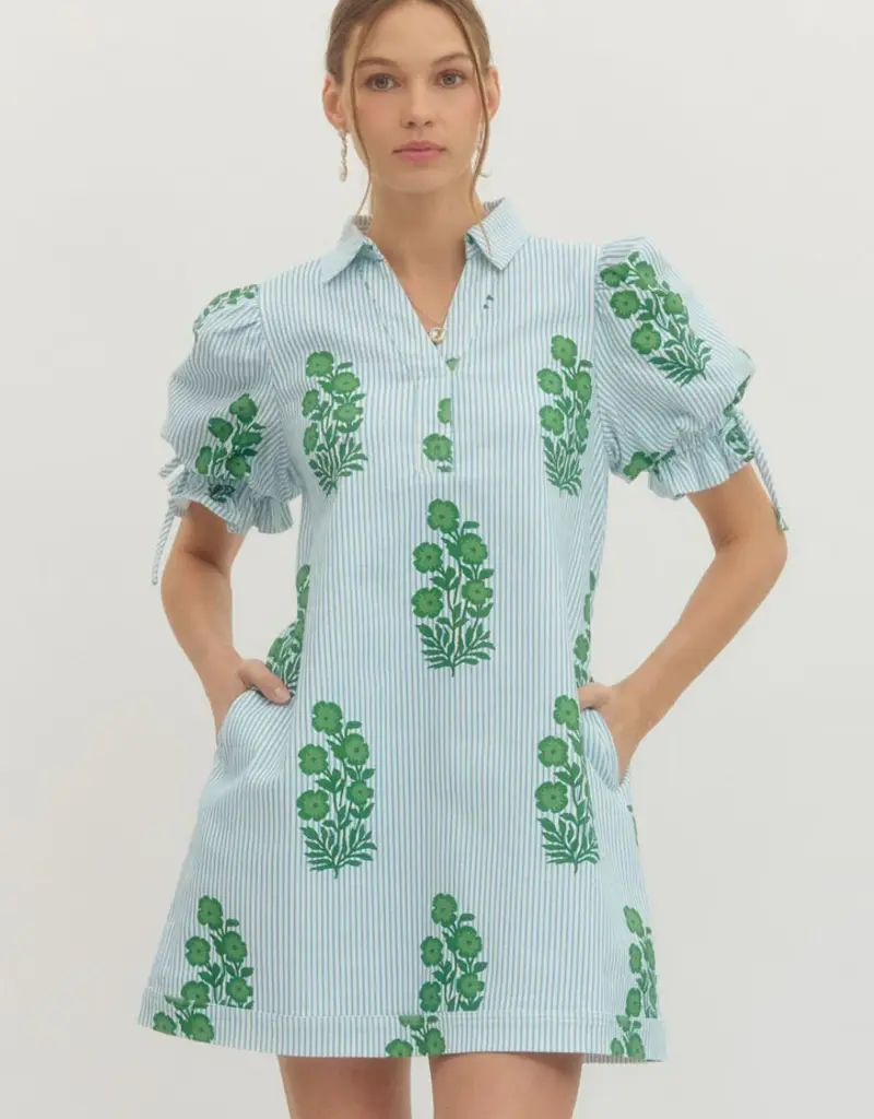Blue Striped Dress with Green Floral