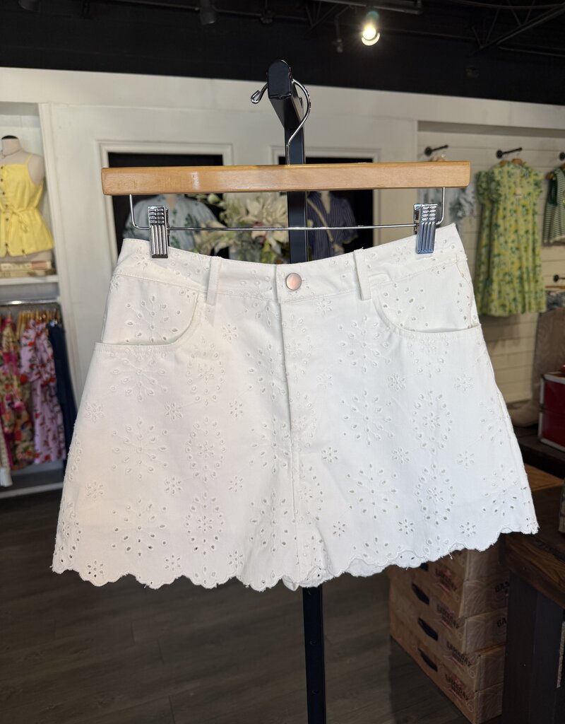 White Floral Eyelet Lace Denim Skirt