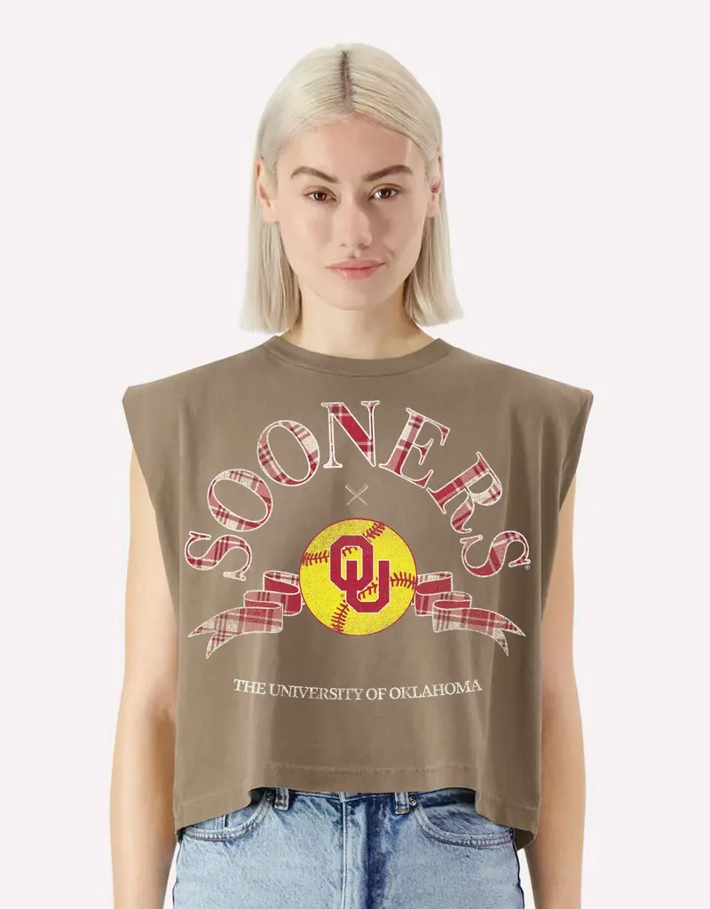 Brown OU Sooners Yellow Softball Muscle Tank