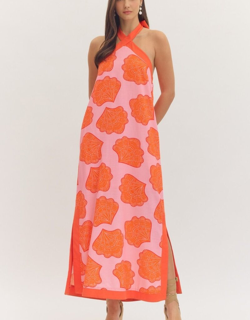 Pink and Orange Seashell Halter Neck Dress