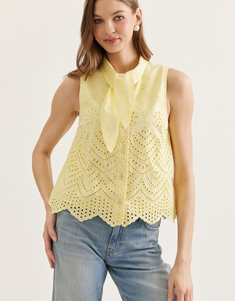 Yellow Embroidered Tank Blouse with Tie