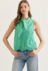 Green Embroidered Tank Blouse with Tie