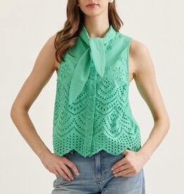 Green Embroidered Tank Blouse with Tie