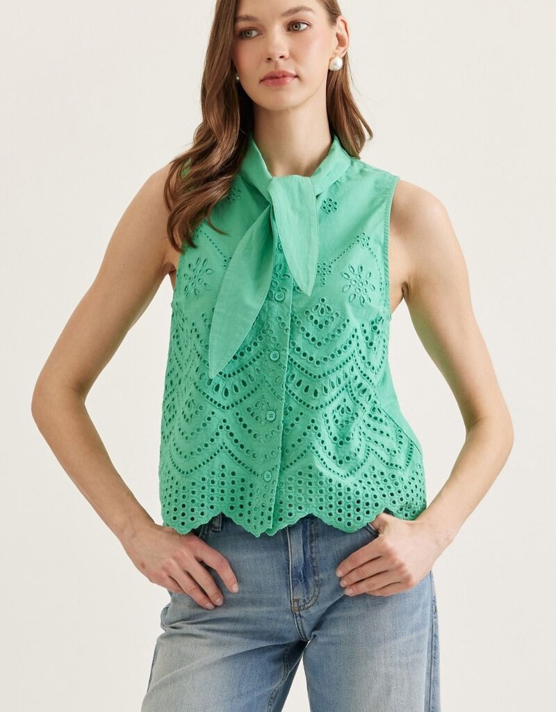 Green Embroidered Tank Blouse with Tie