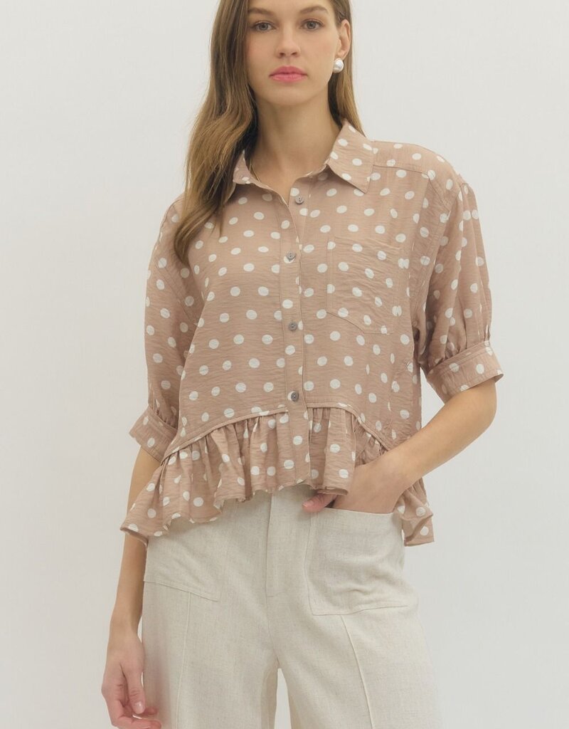 Polka Dot Button Up Ruffle Top