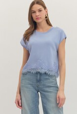 Chambray Sweater Knit Top with Lace