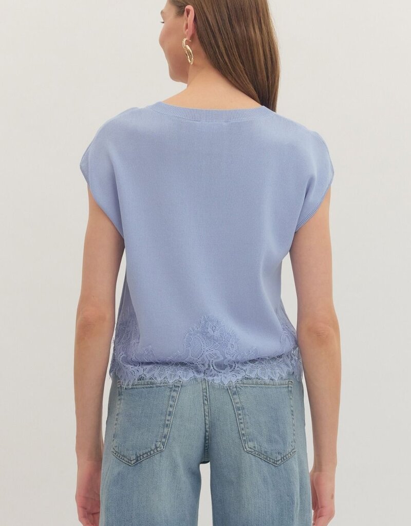 Chambray Sweater Knit Top with Lace