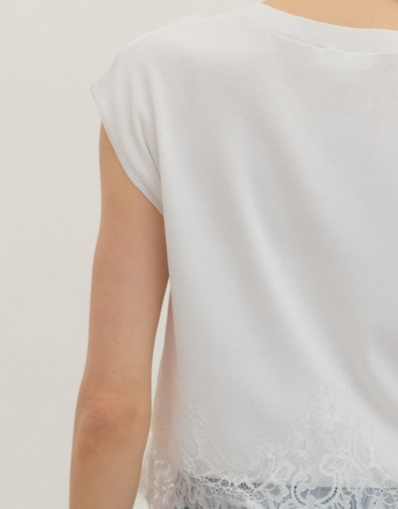 White Sweater Knit Top with Lace