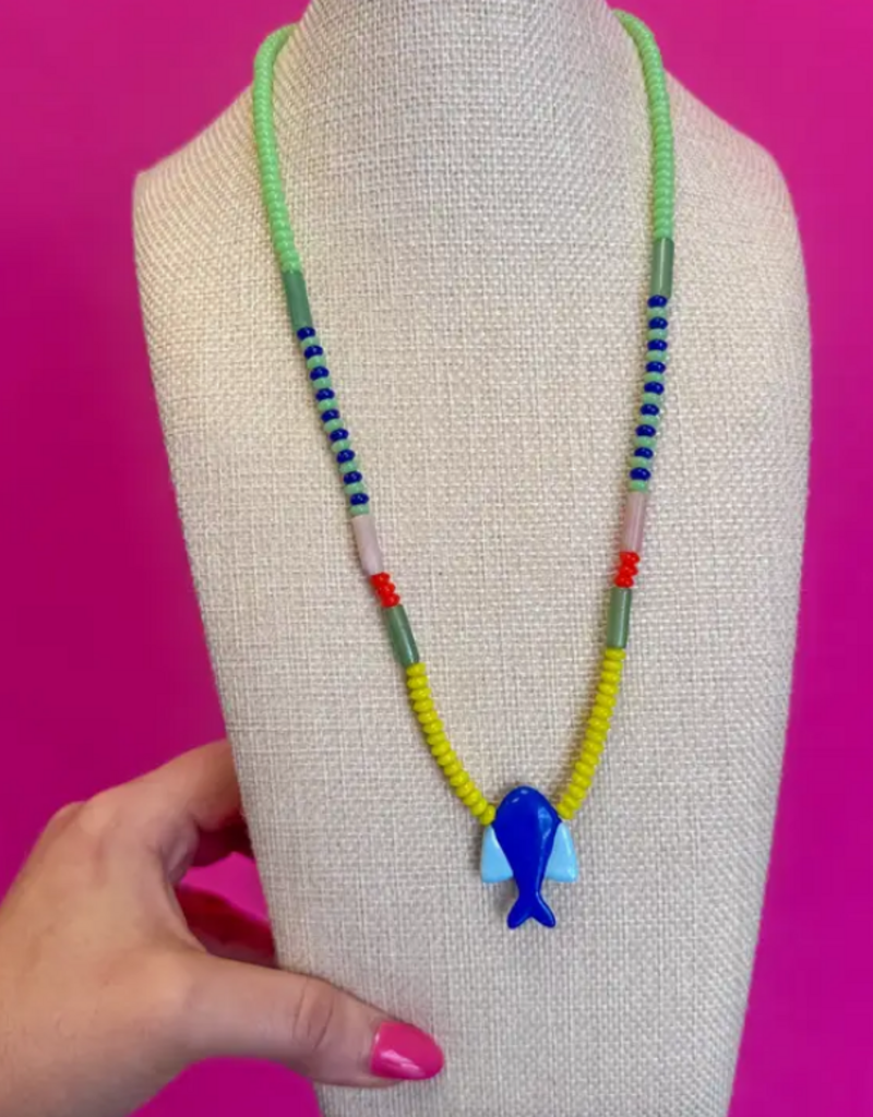 Long Fish Pendant Necklace- Blue
