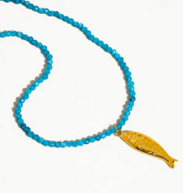 Gold Fish Beaded Necklace- blue