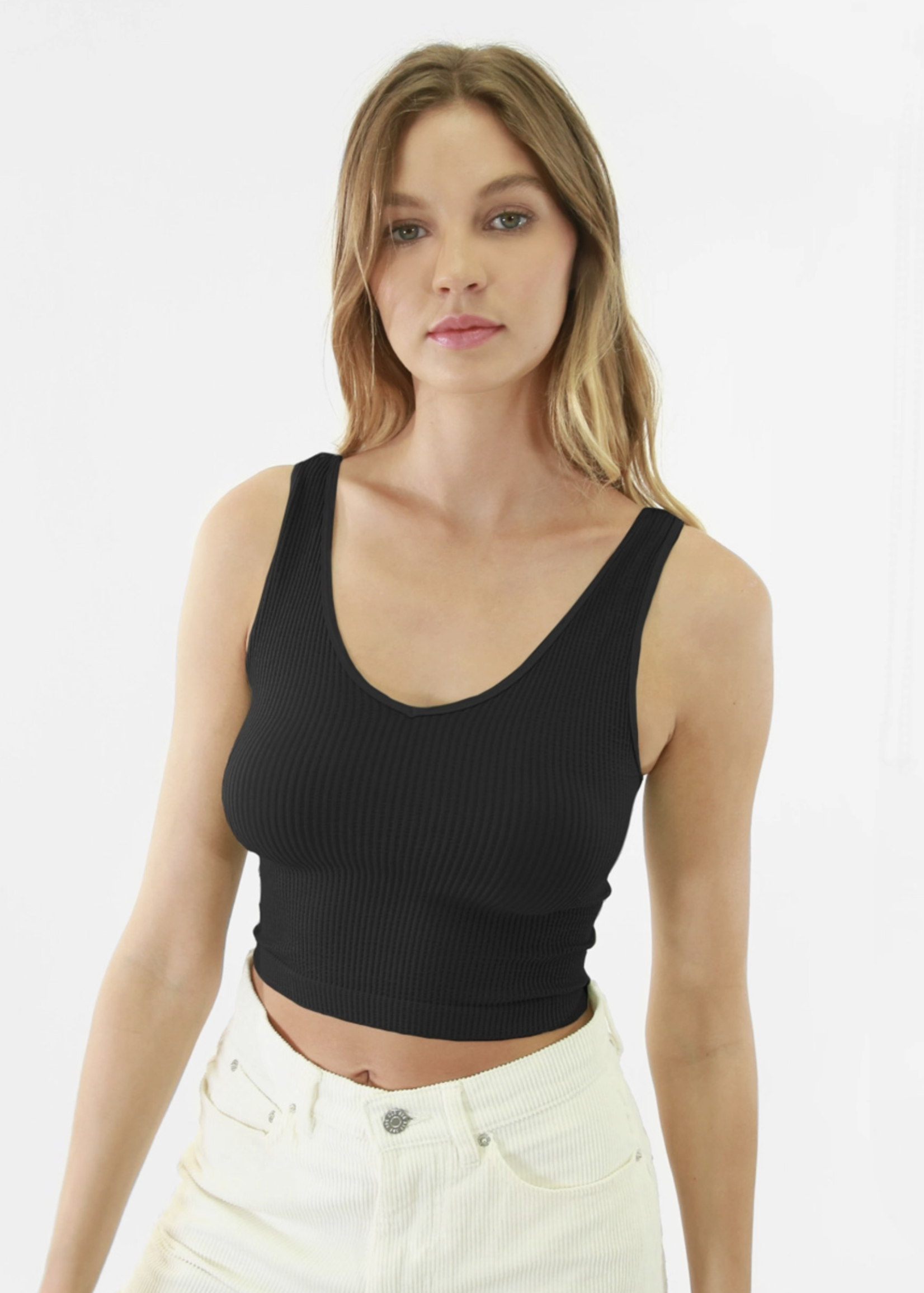 ANNETTE REVERSIBLE PADDED RIBBED TOP - CROPPED (GUNMETAL)