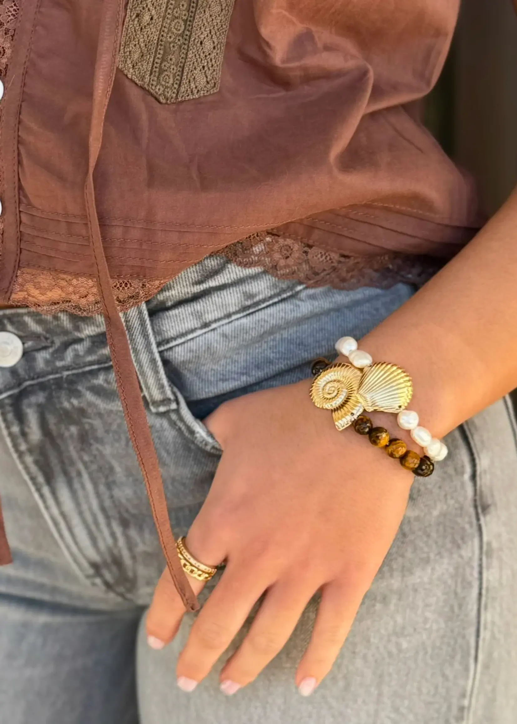 NAUTILUS SHELL/STONE BEAD BRACELET - Tiger's Eye