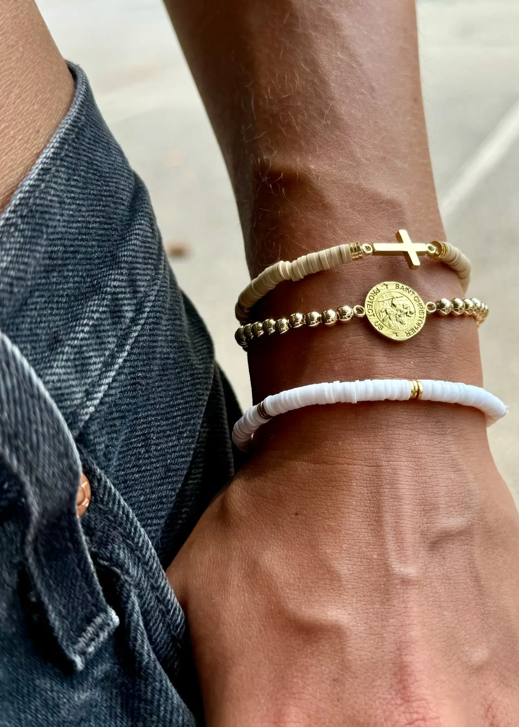 Cross Heishi Bracelet Tan/Gold