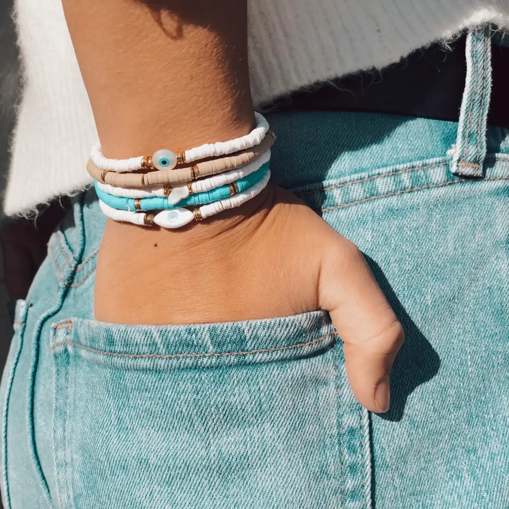 Mother of Pearl Evil Eye Heishi Bracelet