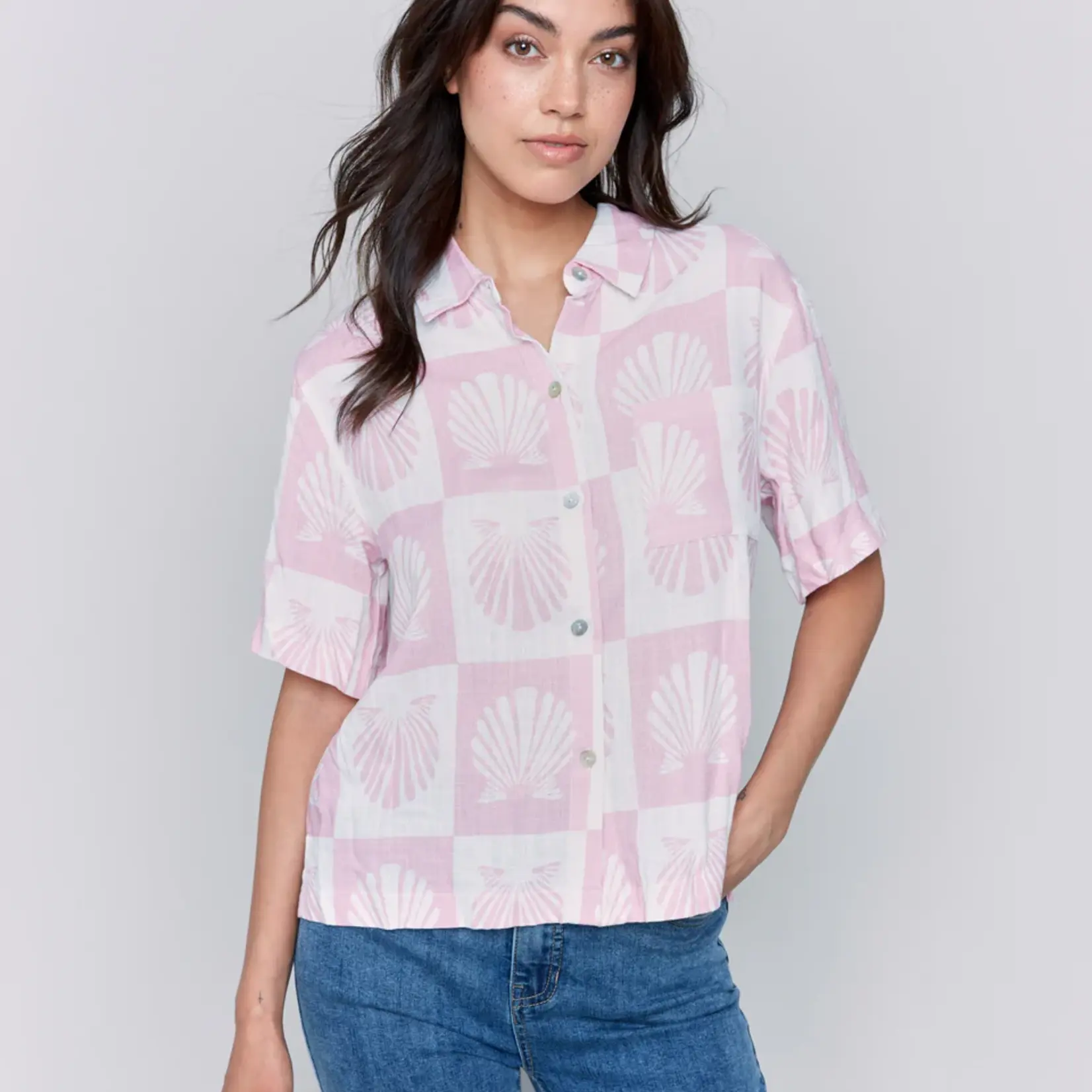 Charlie B Short Sleeves Printed Woven Blouse