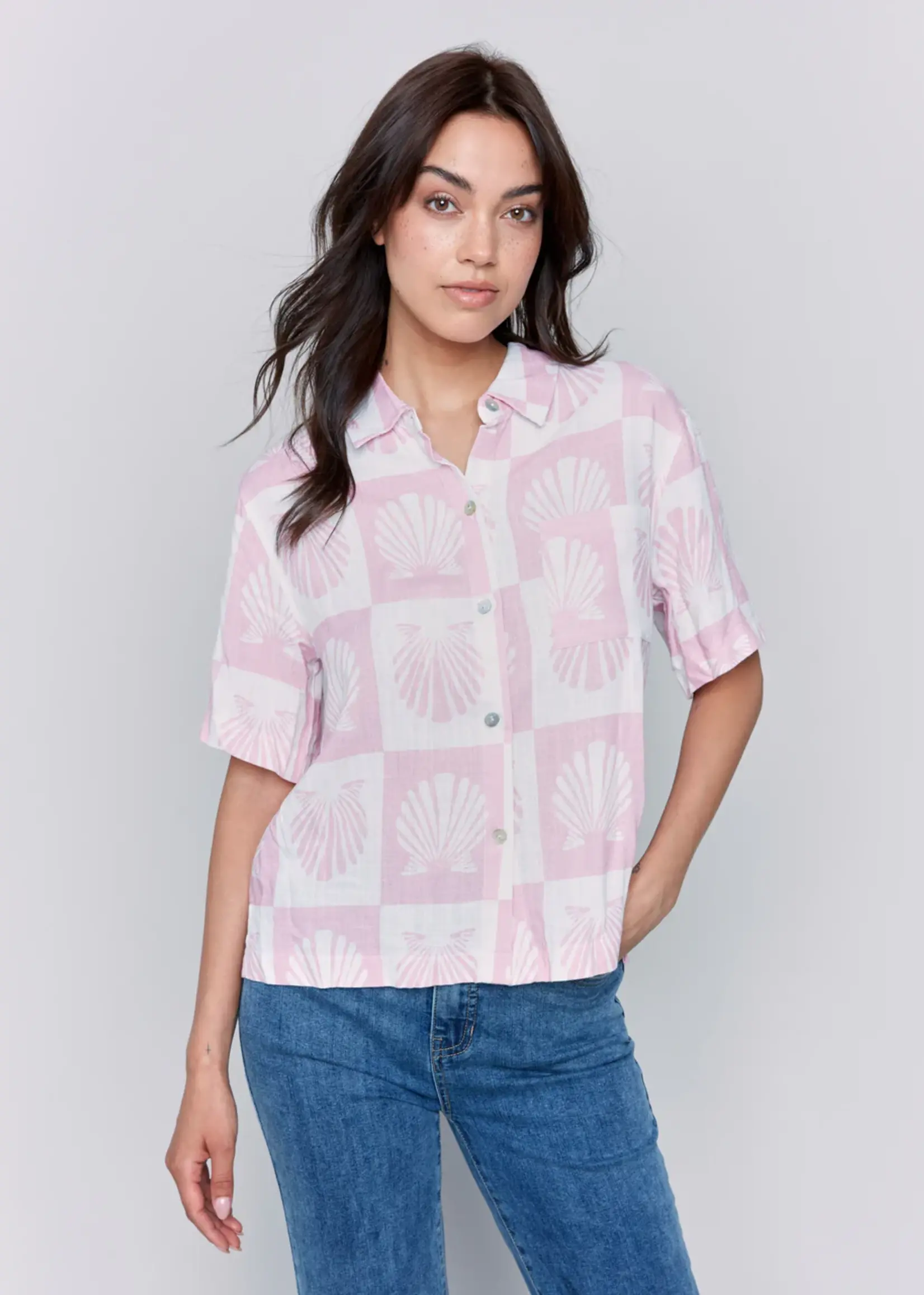 Charlie B Short Sleeves Printed Woven Blouse