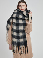 Adorro Soft Chunky Gingham Fleece Scarf with Tassel