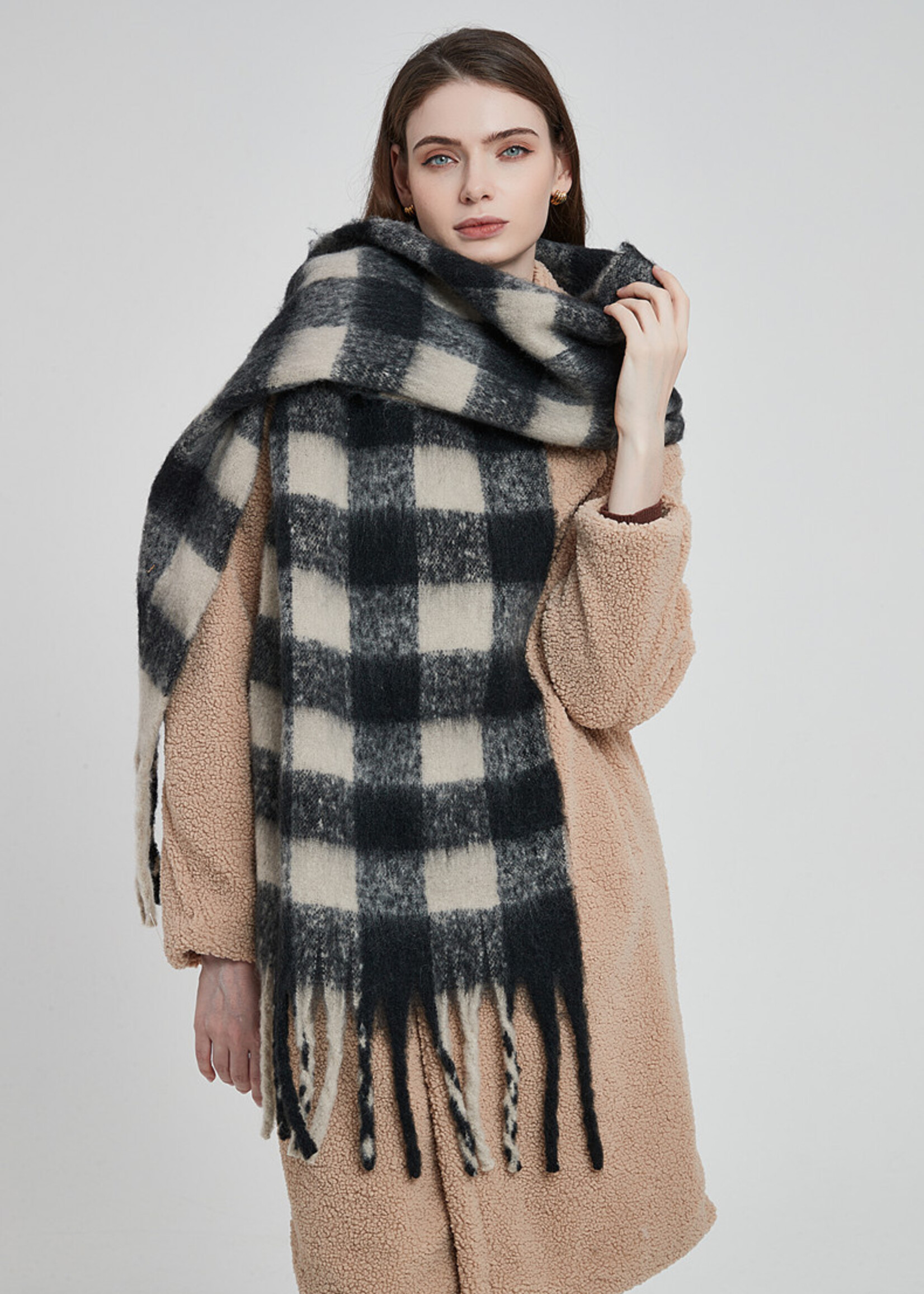 Adorro Soft Chunky Gingham Fleece Scarf with Tassel