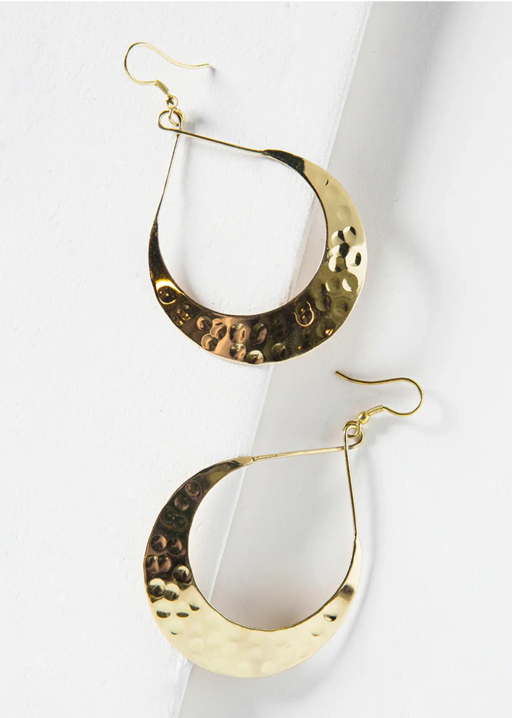 Lunar Crescent Hammered Shiny Gold Earrings