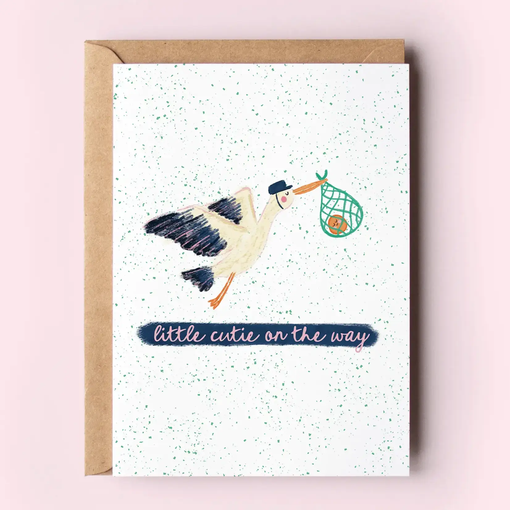 Little Cutie On the Way Stork Orange New Baby Greeting Card