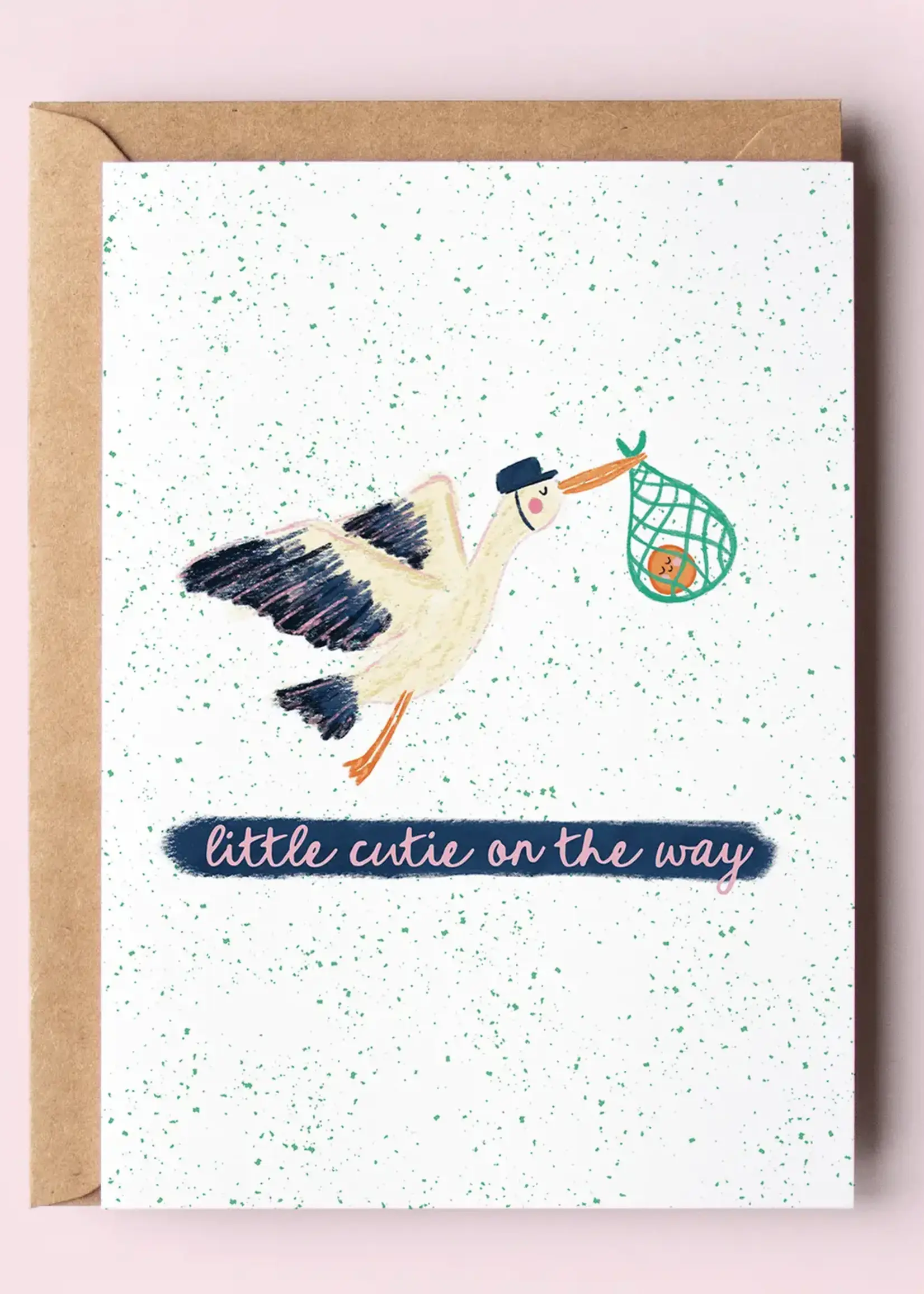 Little Cutie On the Way Stork Orange New Baby Greeting Card