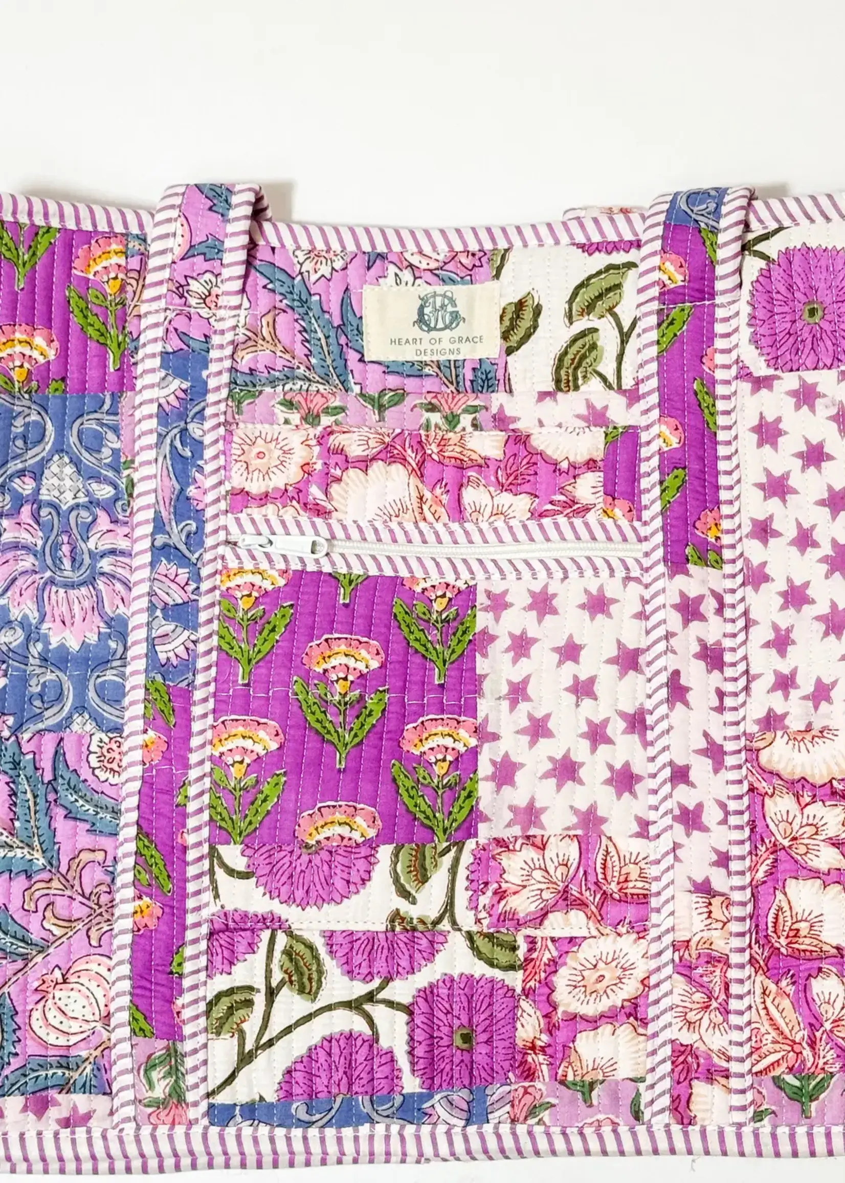 Large Quilted Zipper Tote Bag | Starlit Blooms Patchwork