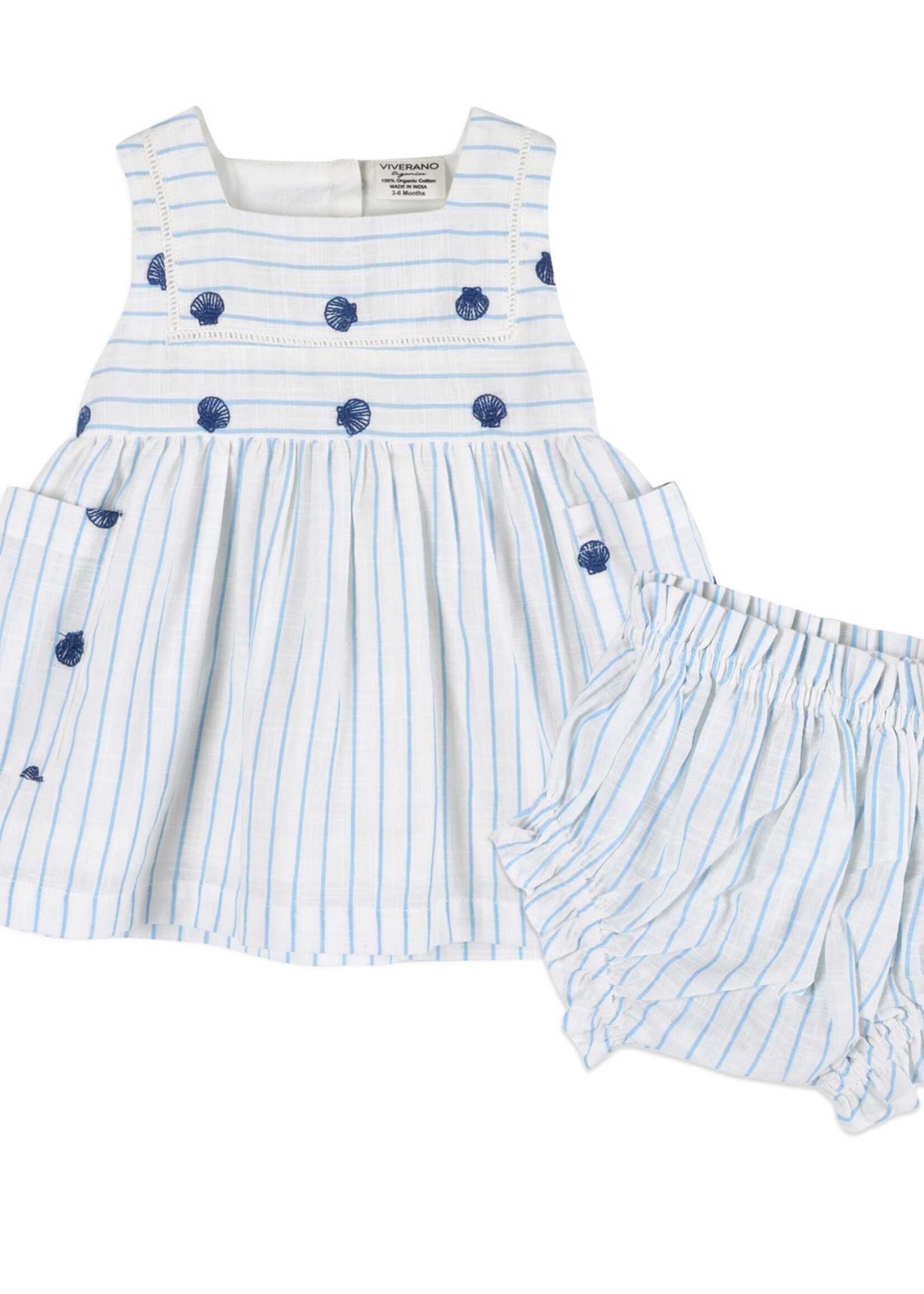 Seashells Embroidered Striped Baby Dress + Bloomer (Organic)