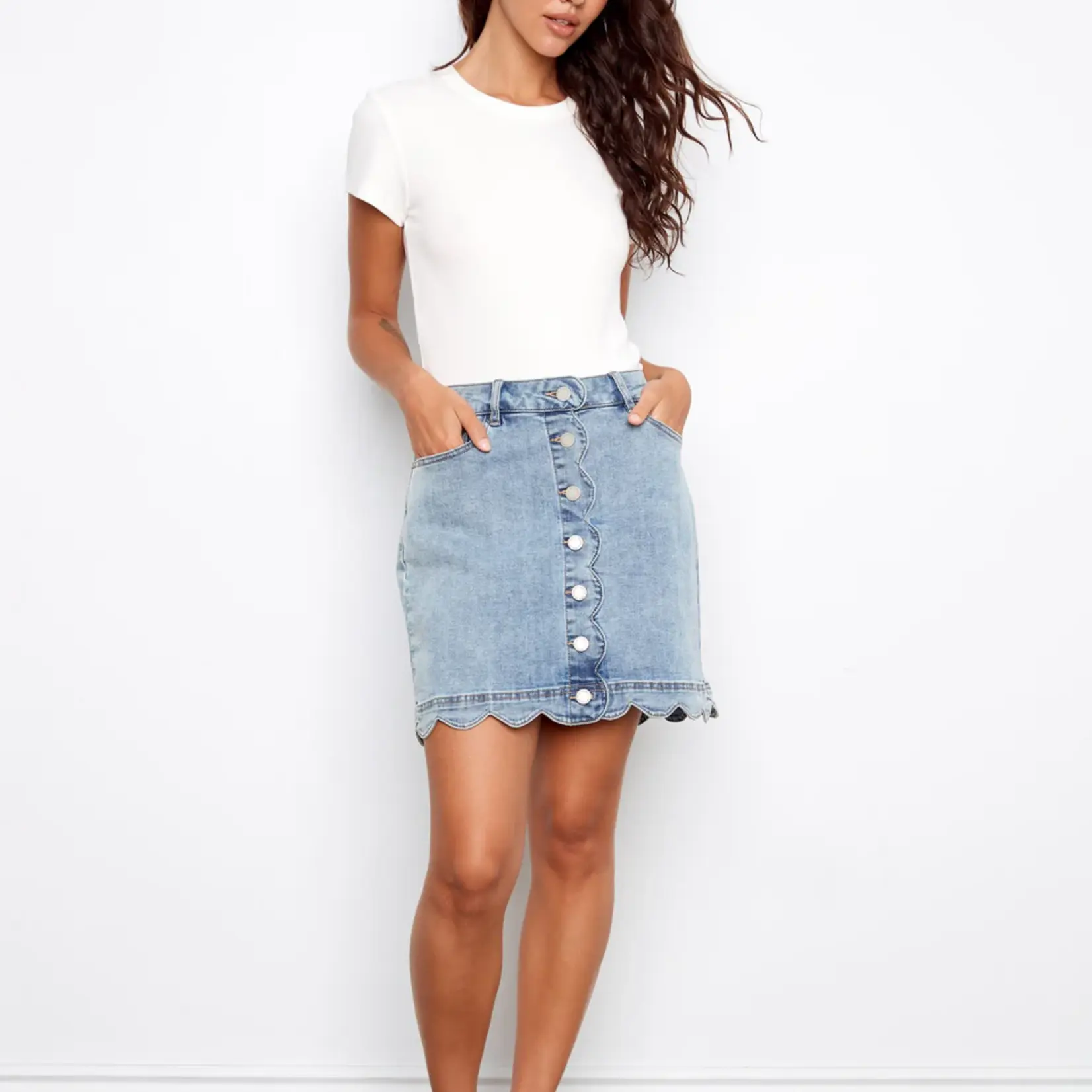 Charlie B Scalloped Hem Button-Front Denim Skort