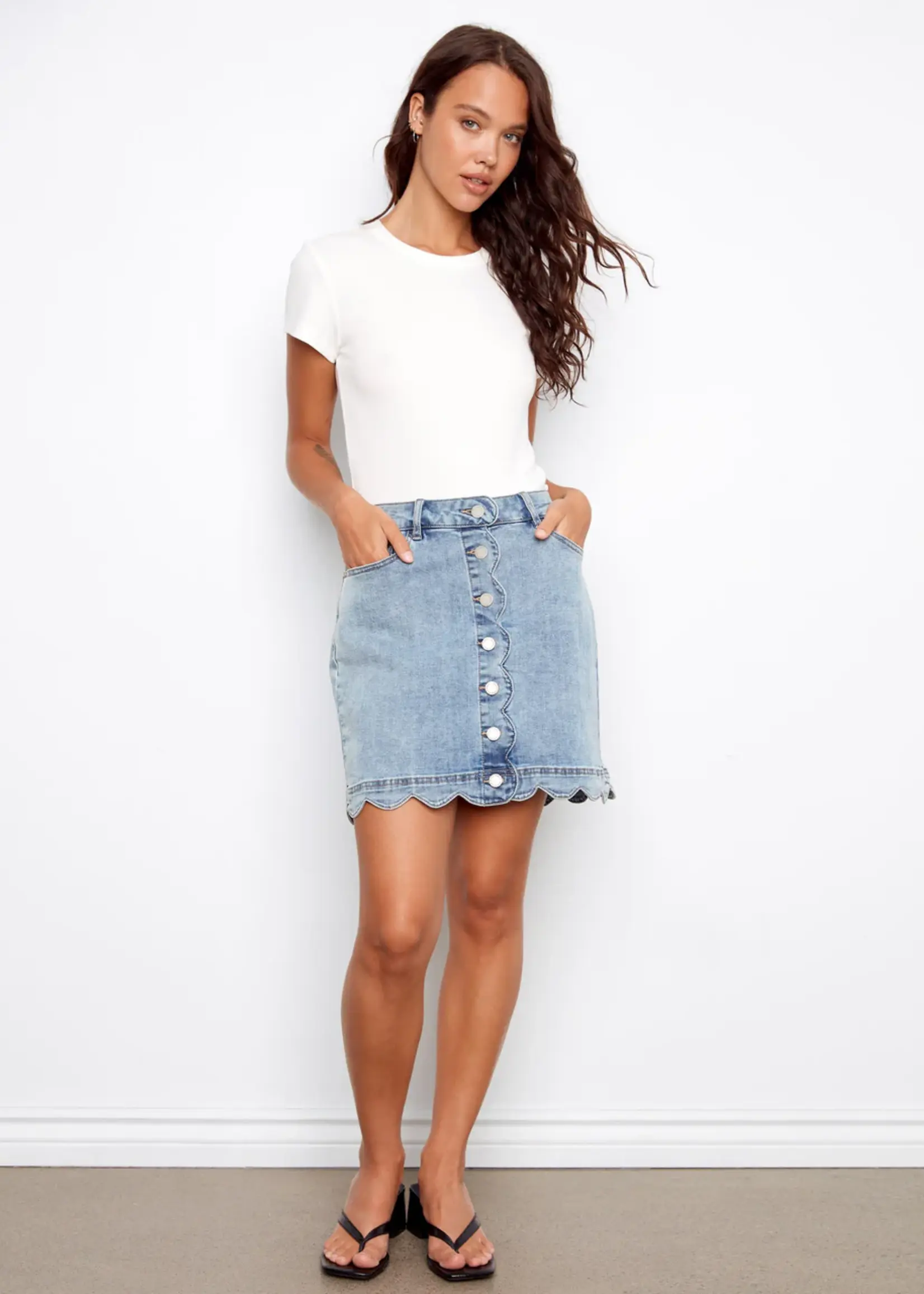 Charlie B Scalloped Hem Button-Front Denim Skort