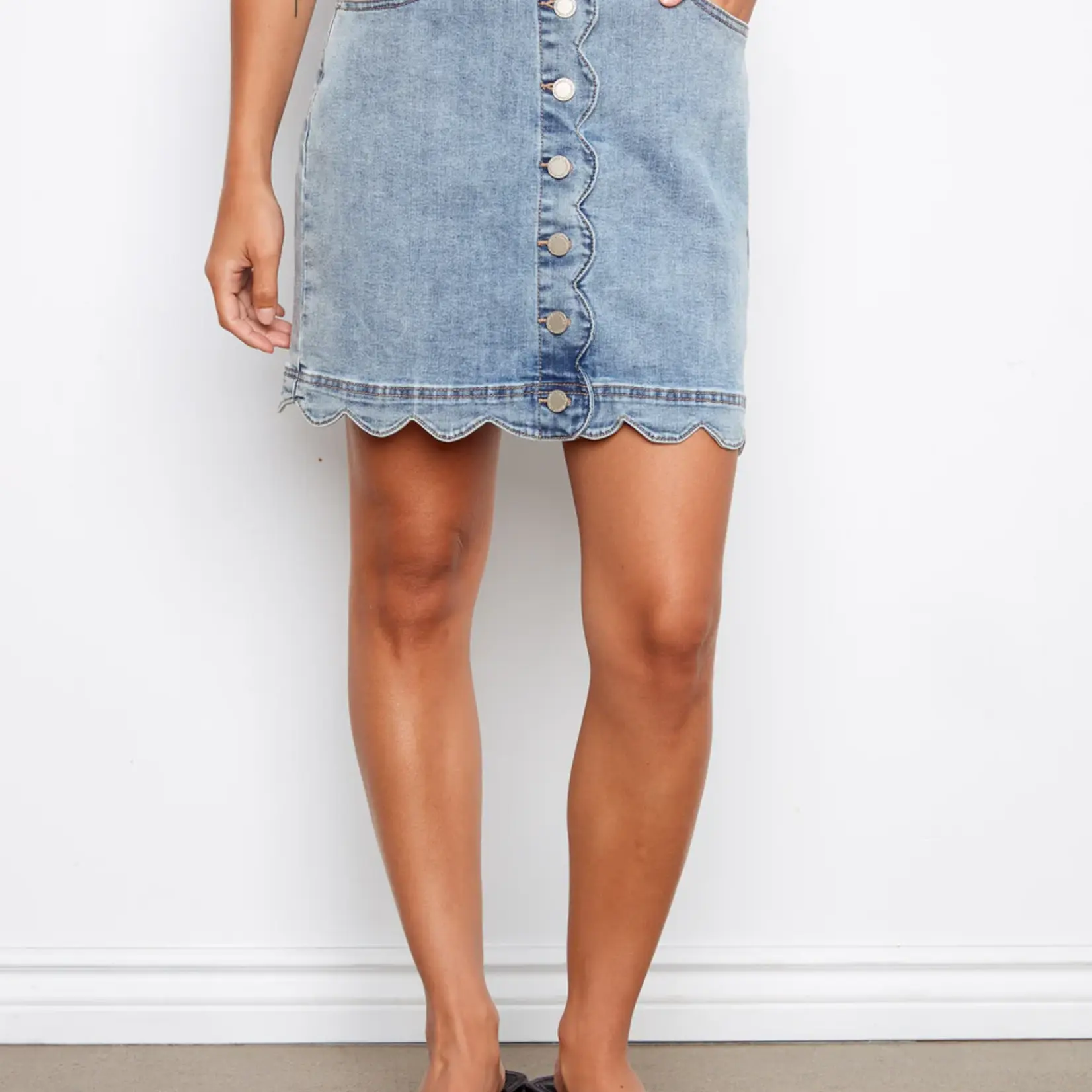 Charlie B Scalloped Hem Button-Front Denim Skort