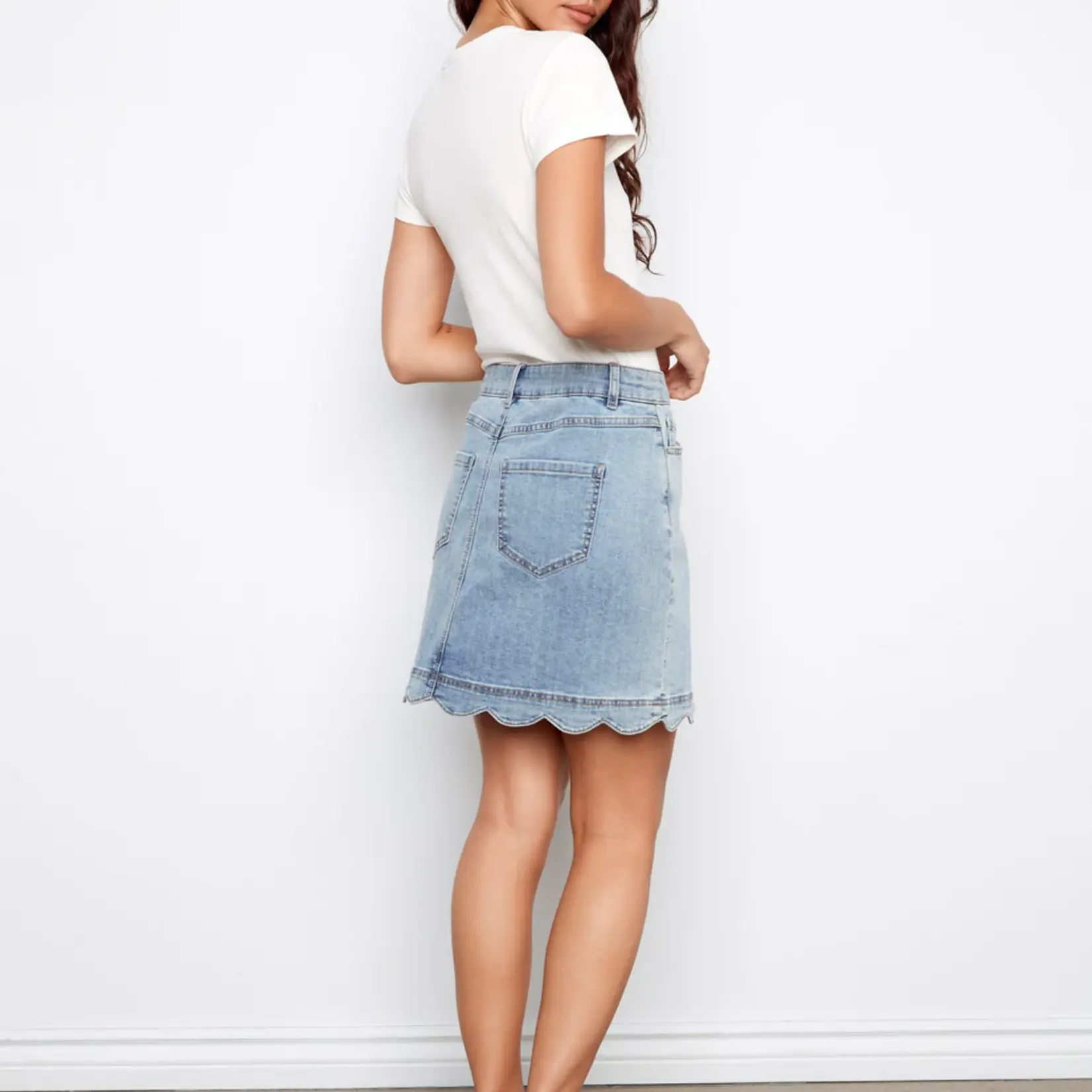 Charlie B Scalloped Hem Button-Front Denim Skort