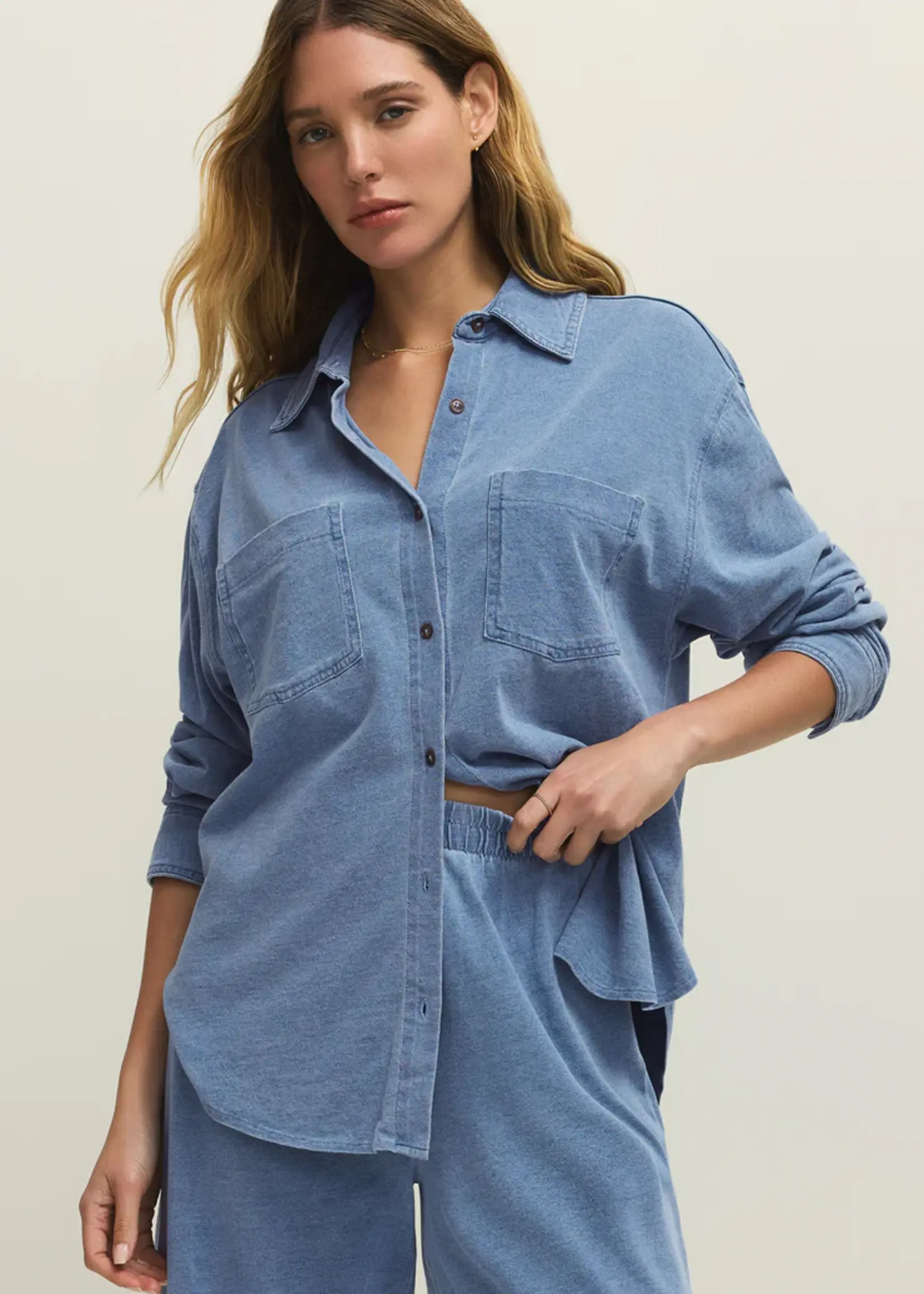 Z Supply Reese Jersey Denim Button Up