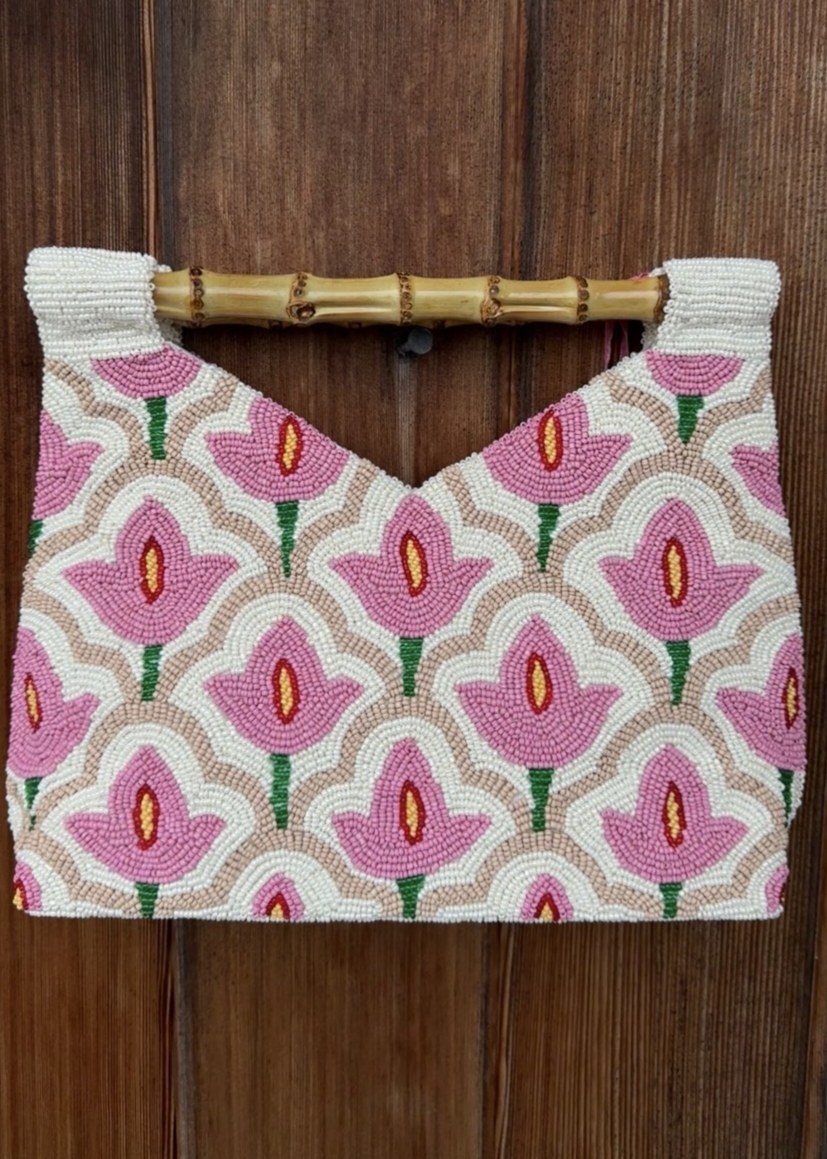 Tiana Pink Floral Cut-Out Bamboo Handle Bag