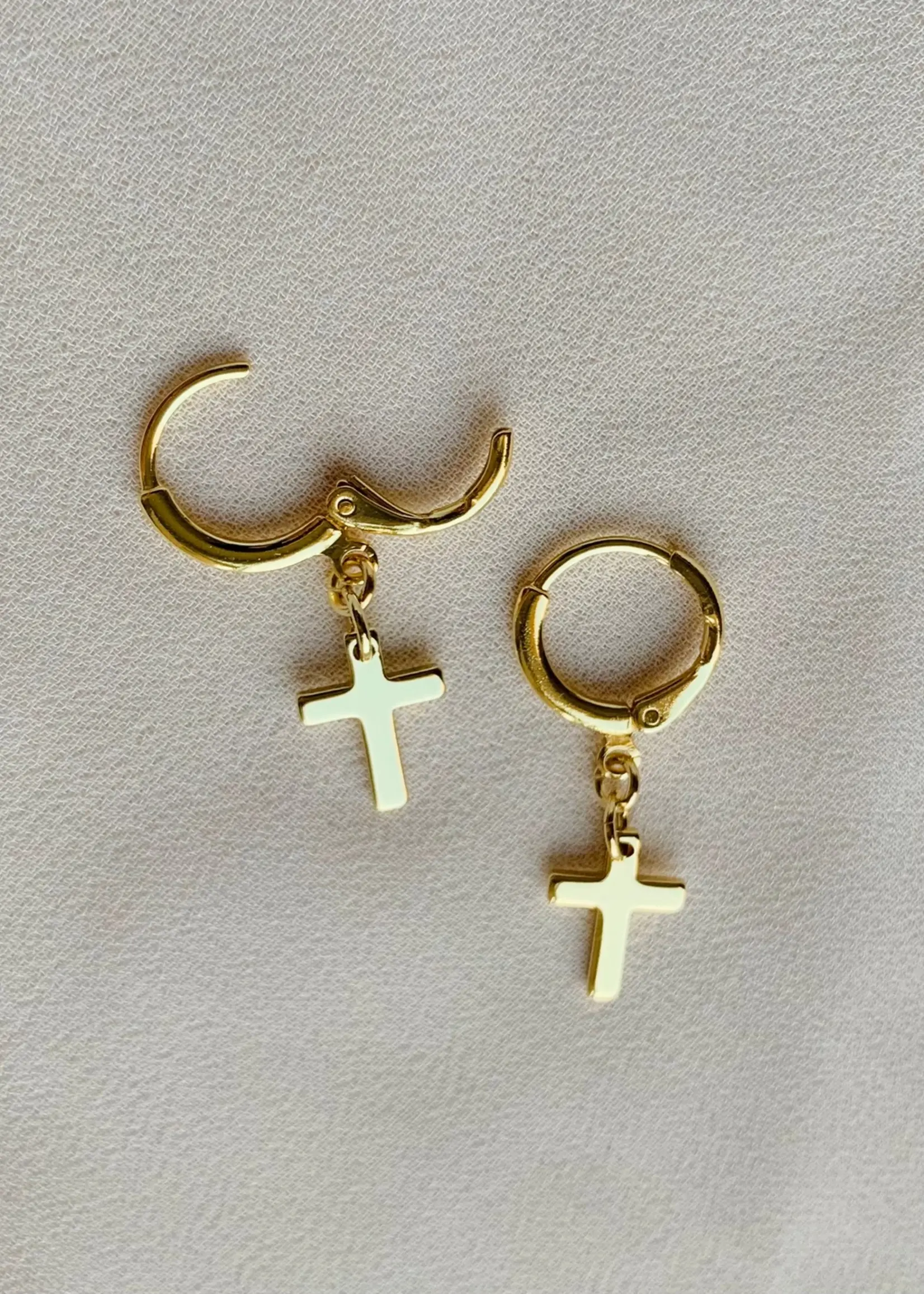 Cross Huggie Hoops | 14k Yellow Gold | Cross Charm Earrings