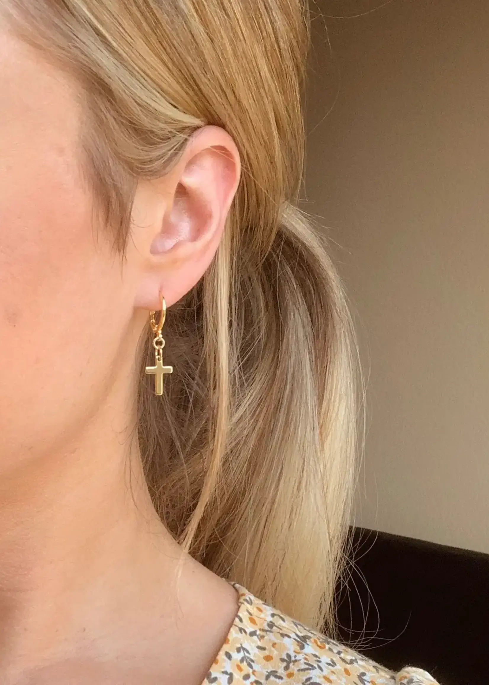 Cross Huggie Hoops | 14k Yellow Gold | Cross Charm Earrings