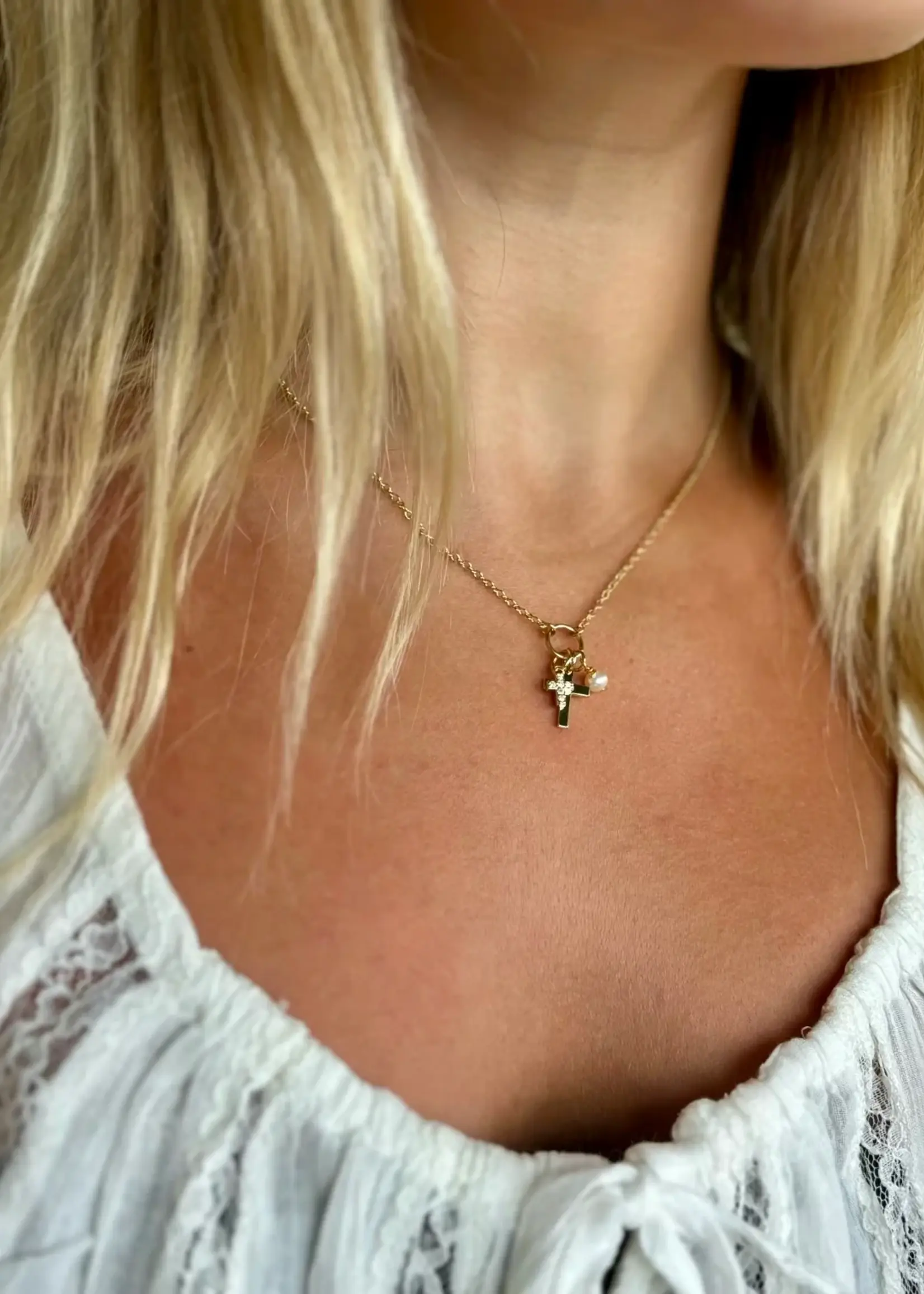 Silver Girl Jewelry Cross Pearl Cluster Necklace