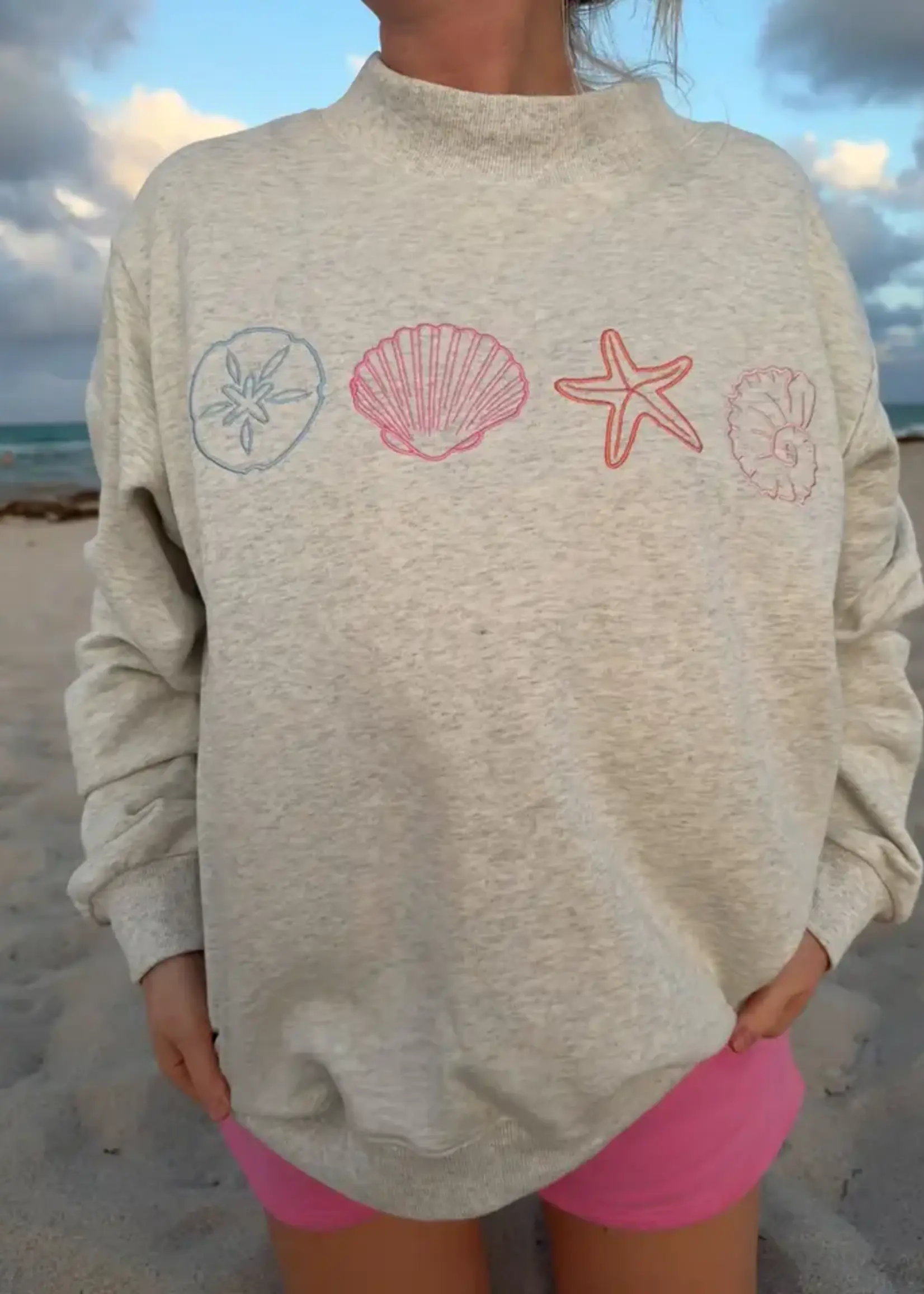 Sunkissed Coconut Seashell Embroidered Mockneck Sweatshirt