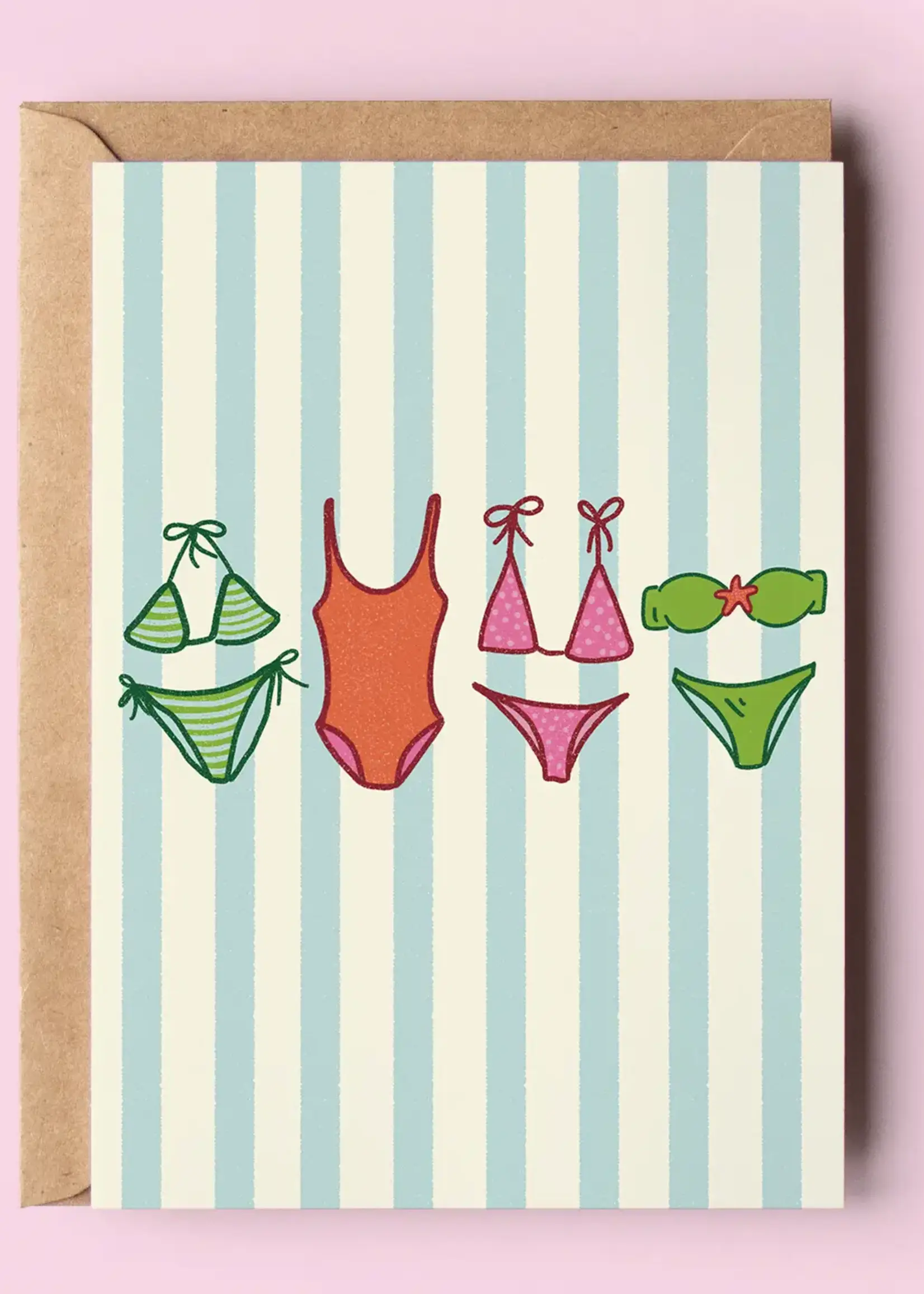 Summer Swimsuits Striped Beach Coastal Greeting Card