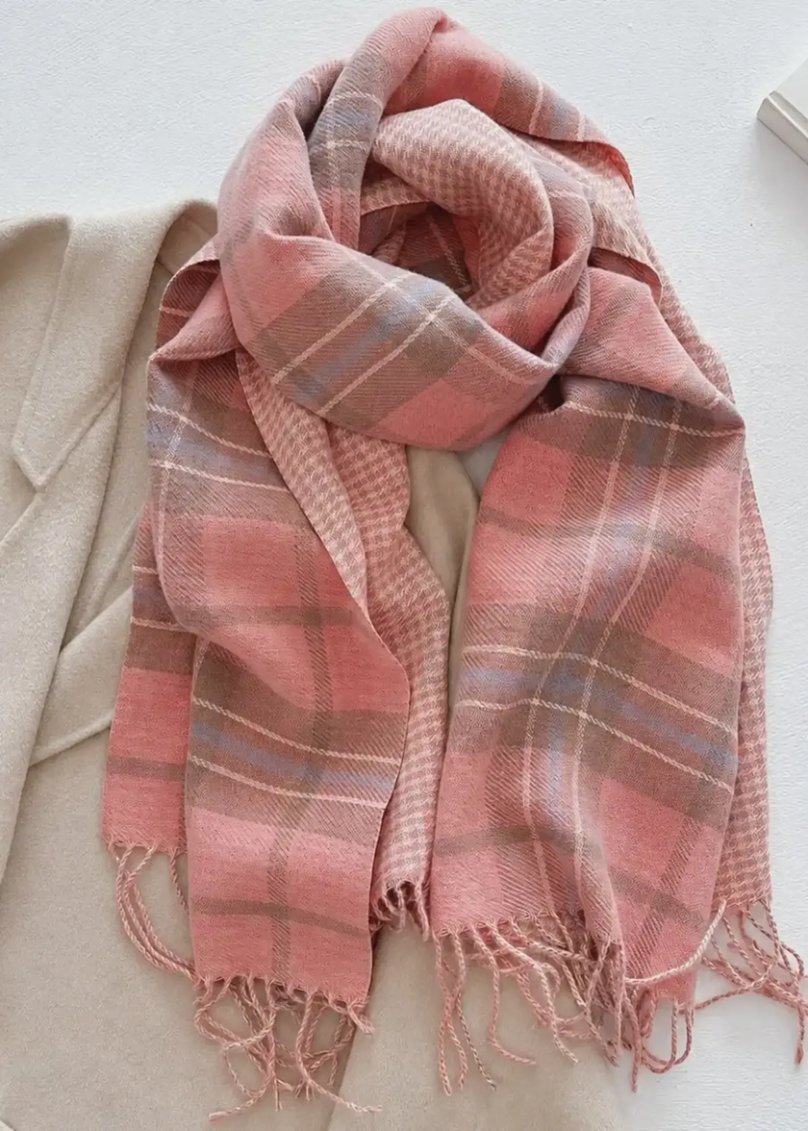 Reversible Double-Sided Soft Plaid Scarf with Fringe