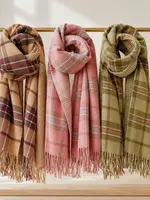 Reversible Double-Sided Soft Plaid Scarf with Fringe