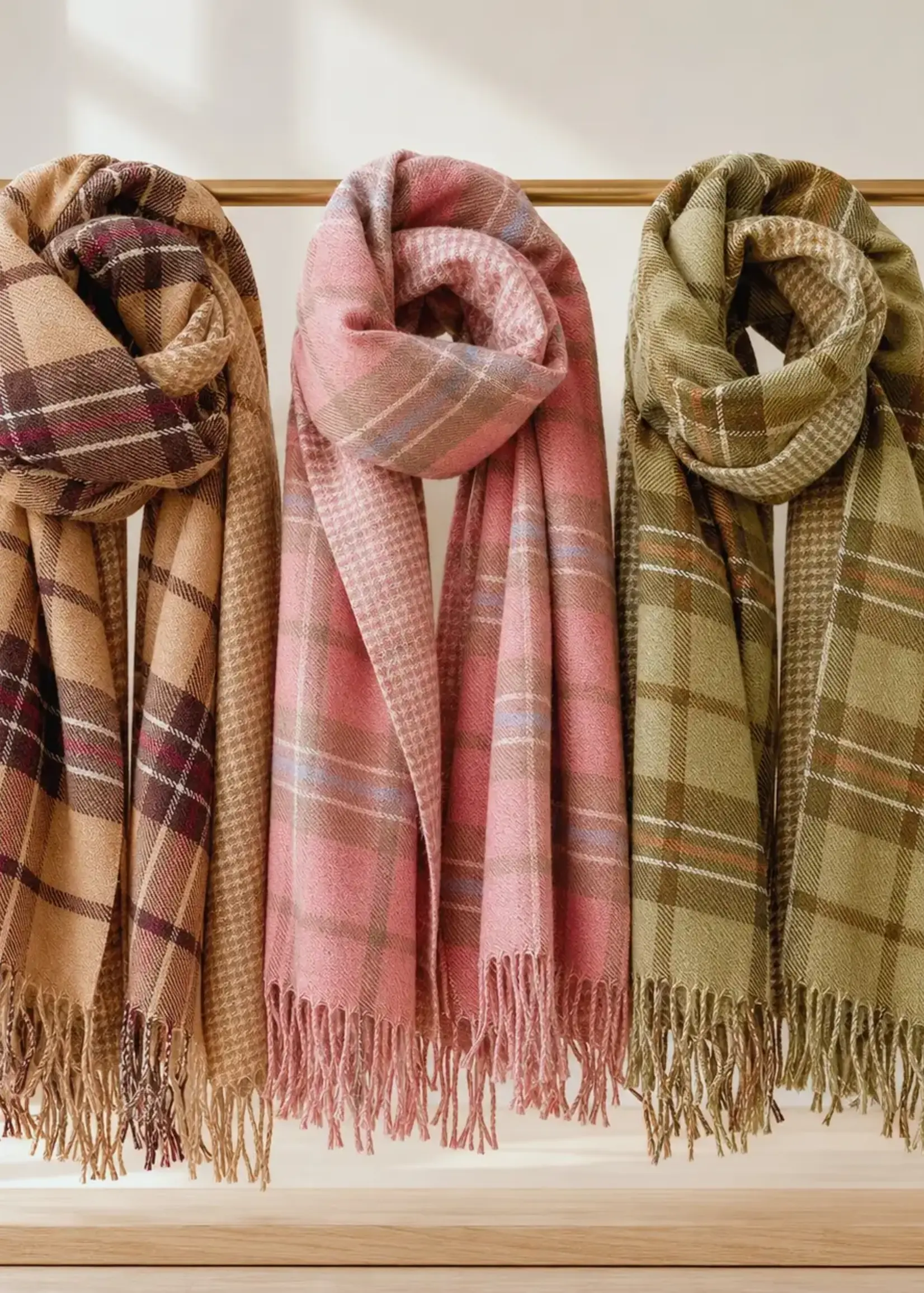 Reversible Double-Sided Soft Plaid Scarf with Fringe