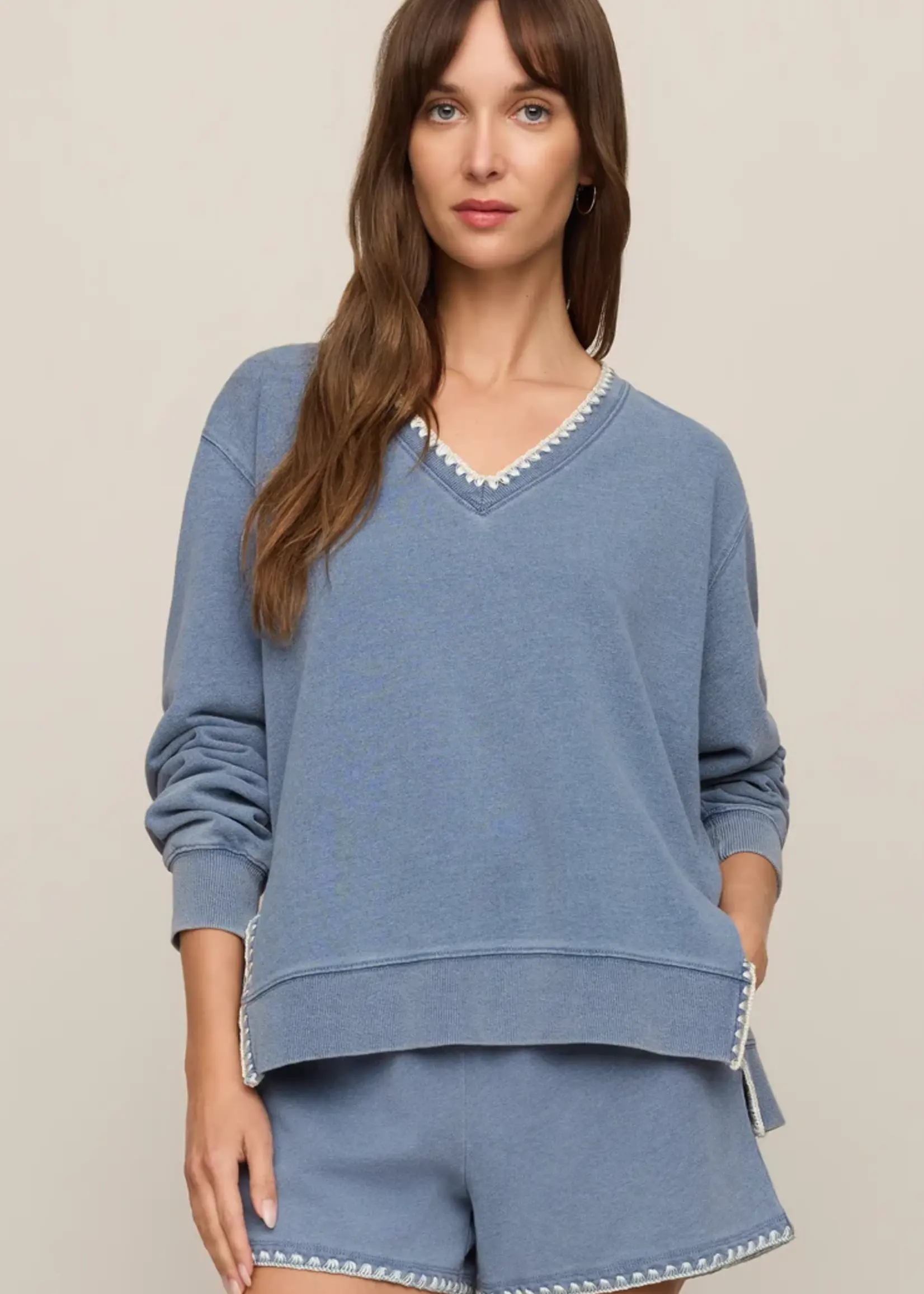 Z Supply Cam Knit Denim Whipstitch Top