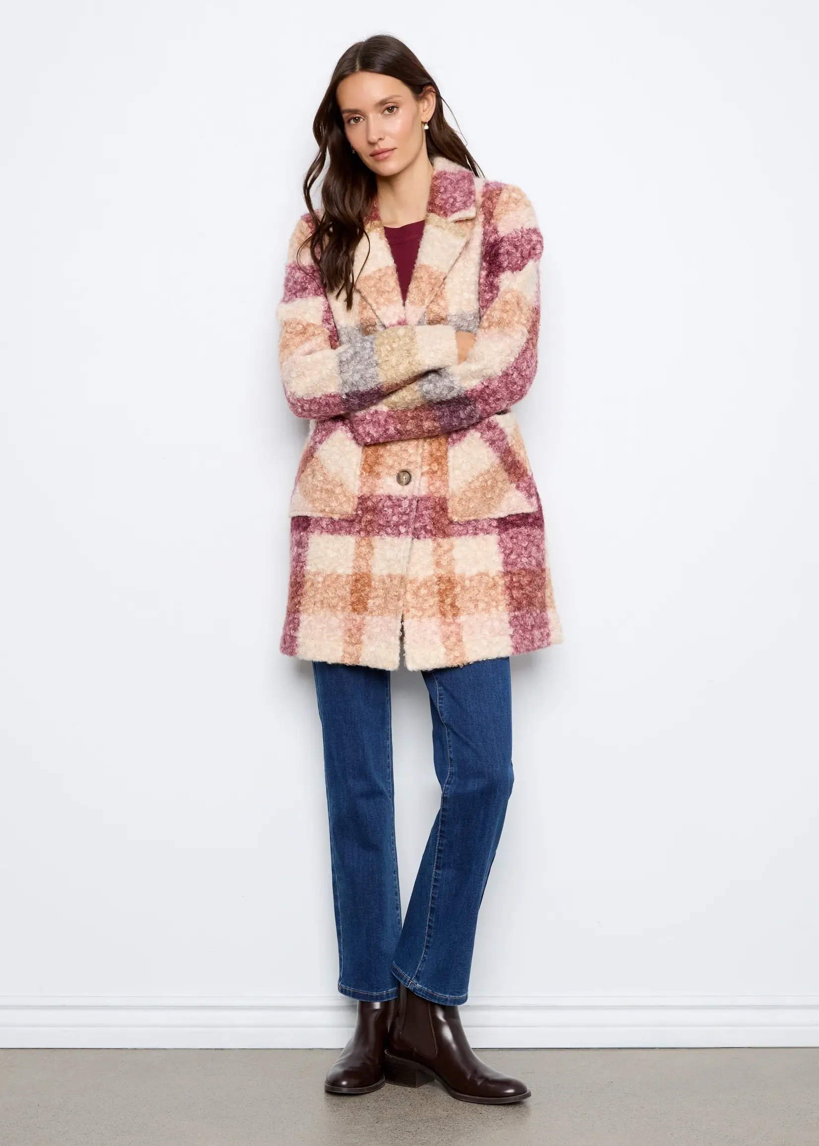 Charlie B Plaid Boucle Knit Tailored Collar Coat