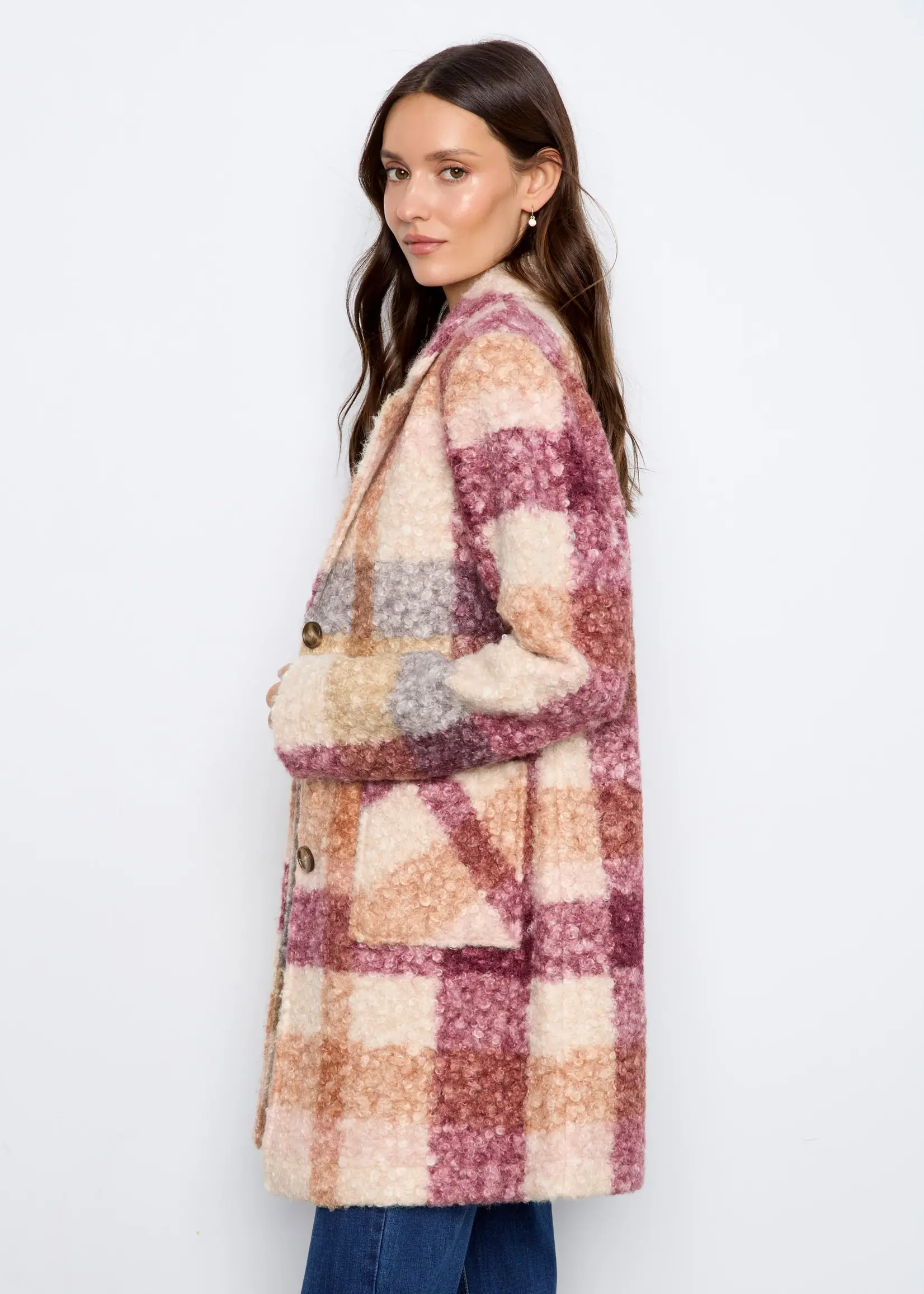 Charlie B Plaid Boucle Knit Tailored Collar Coat
