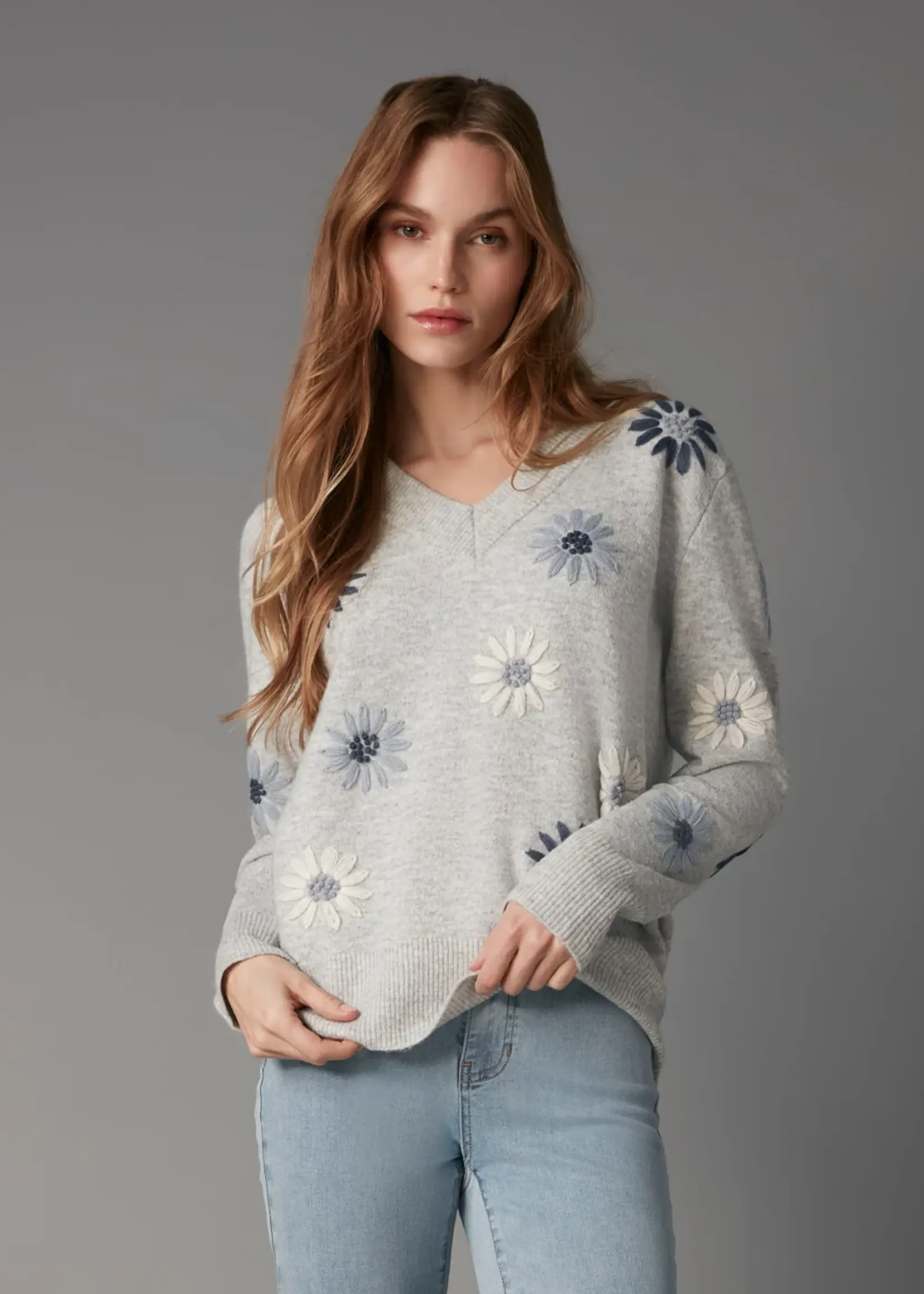 Charlie B Embroidered V-Neck Sweater