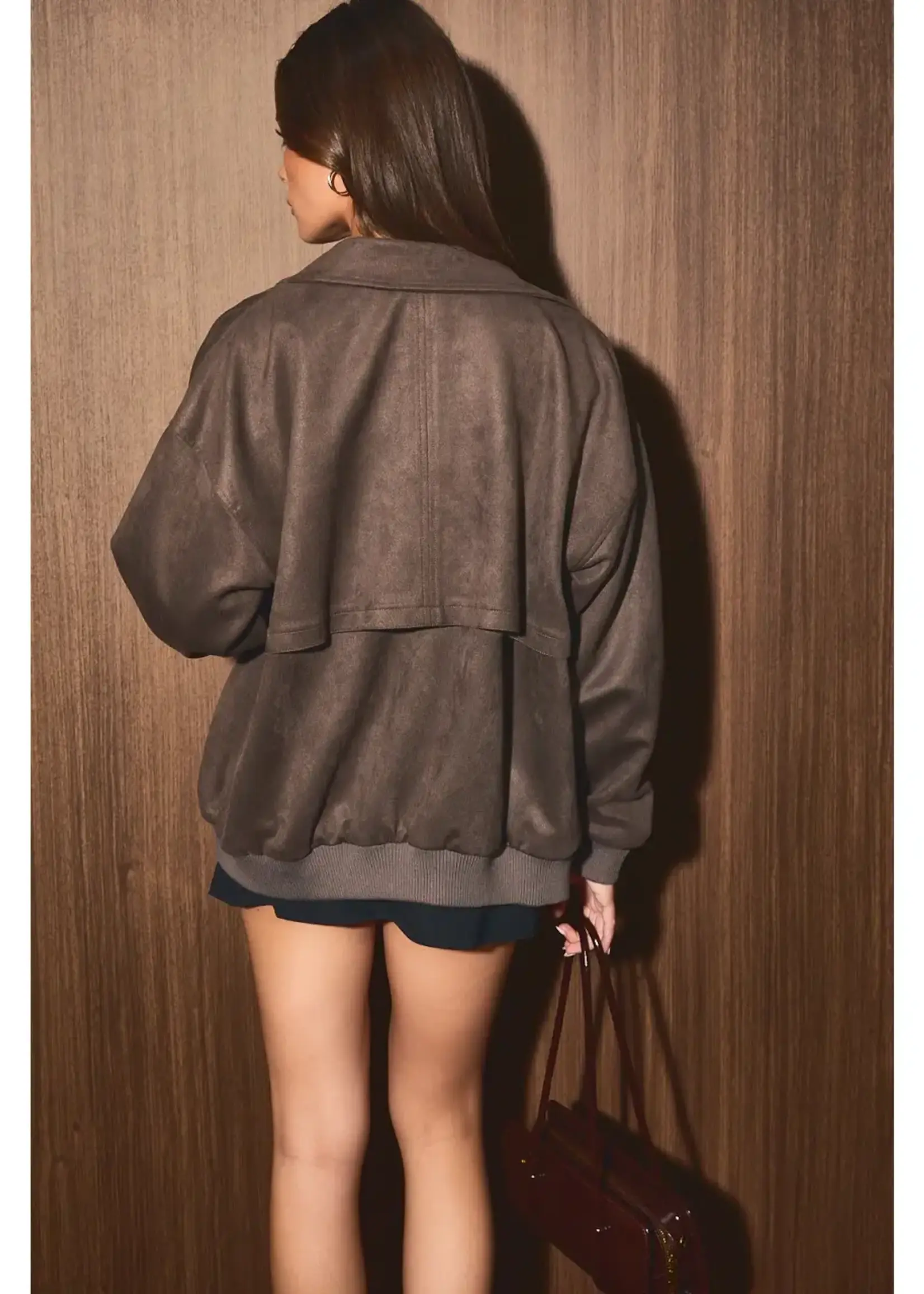 Oversized Faux Suede Bomber Jacket