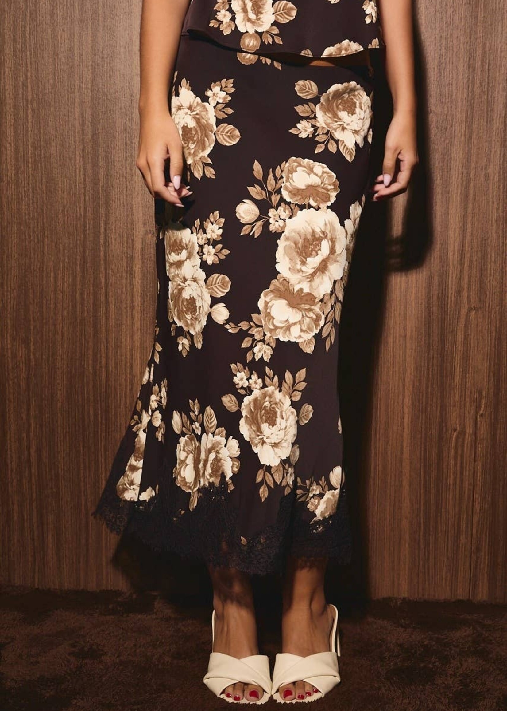 Low Waist Lace Trim Bias Midi Skirt