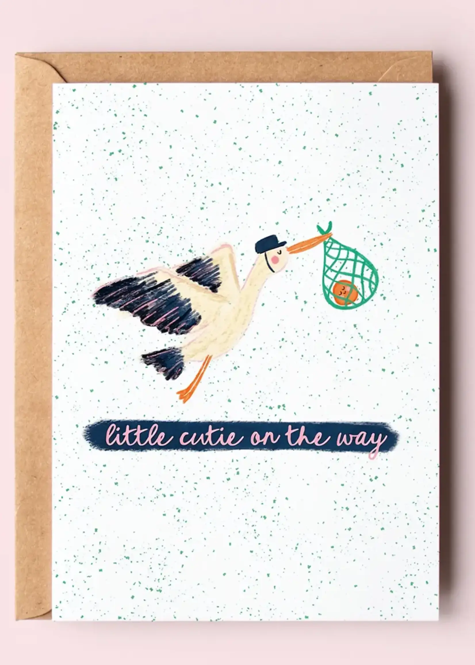 Little Cutie On the Way Stork Orange New Baby Greeting Card